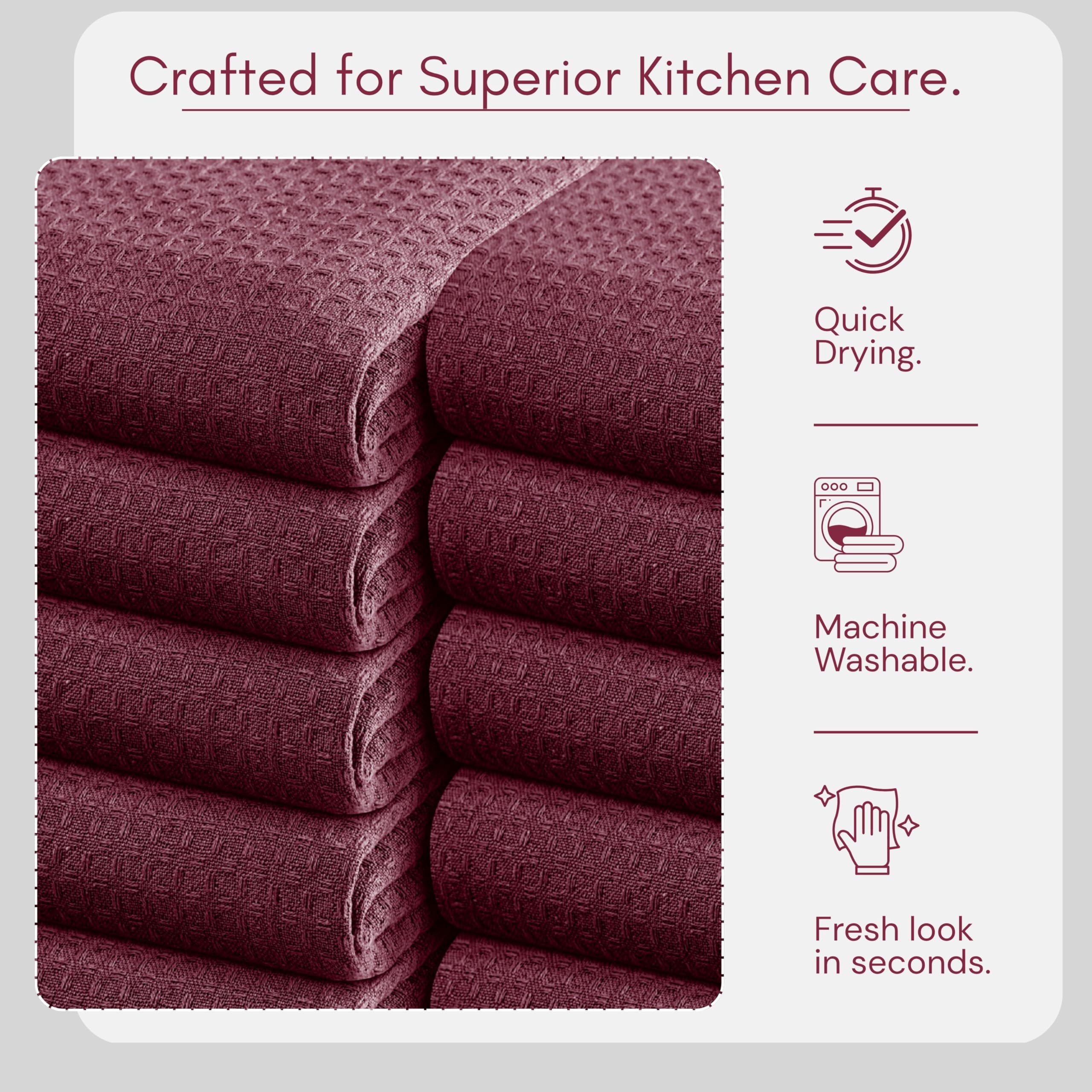 TWINY threads Juego de 6 toallas de cocina 100% algodón macizas con lazo para colgar (16 x 26 pulgadas), paño de tejido de gofre Dobby ultra absorbente, reutilizables, lavables a máquina, vino burdeos