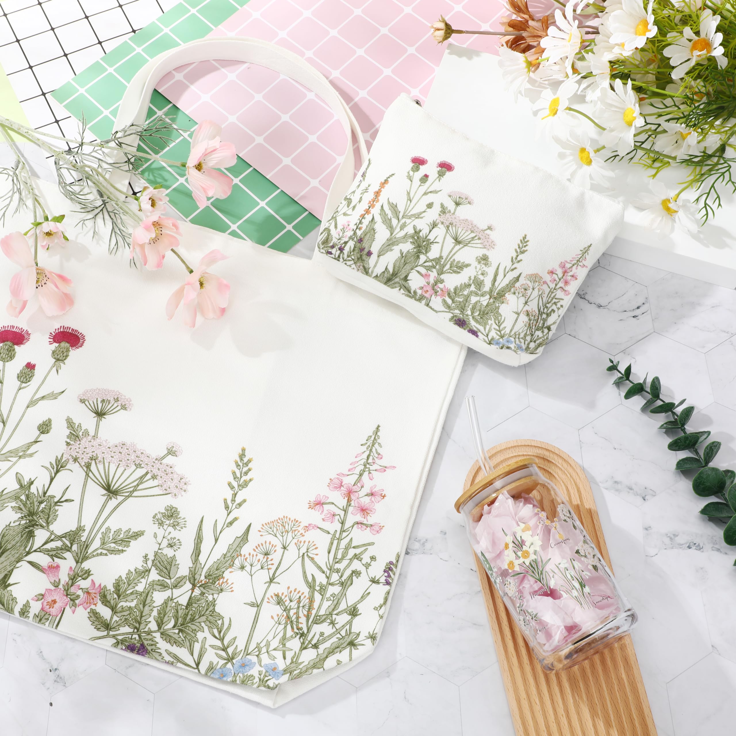 FoldTier 3 Pcs Plant Lover Gift for Women, Spring Aesthetic Gift for End of Year Teacher, Floral Canvas Tote Bag, 16 oz Coffee Cup with Straw Lid, Makeup Bag for Mother Birthday(White,Flower)