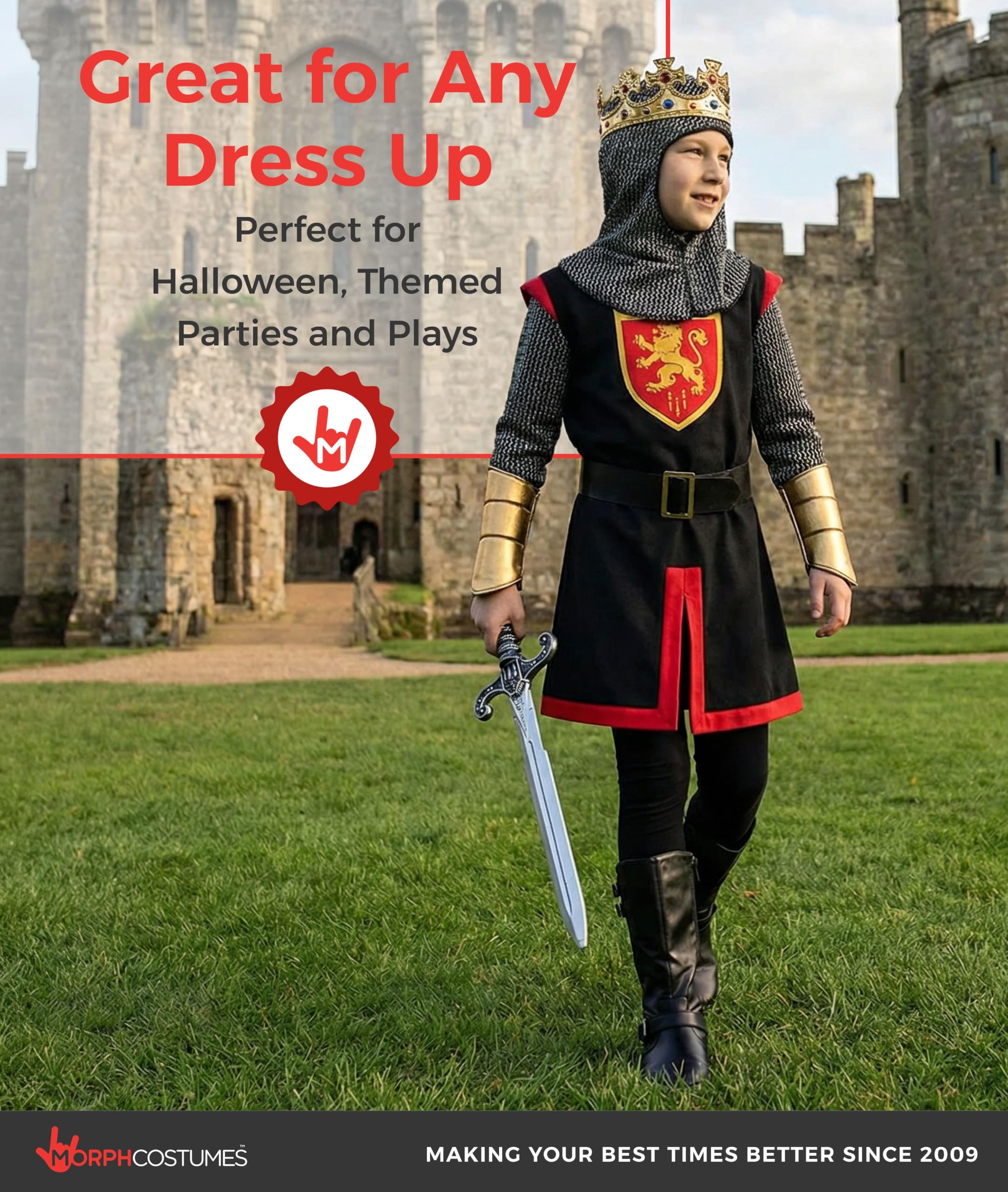 Morph Costume Cavaliere Bambino, Costume Medievale Halloween Bambino | Tunica, Cappuccio, Corona, Cintura & Guanti, Perfetto per Halloween, Ideale per il Gioco di Ruolo