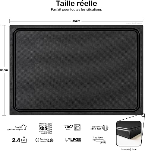 MUVELL Planche à découper en plastique PE-HD Noir, 45x30x2 cm, passe au lave-vaisselle, extra épaisse, n'abîme pas les couteaux bac à jus - 2