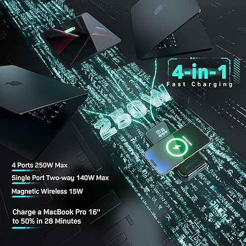 Miniatura 3 de DENVIX PowerX Power Bank Deluxe Package 1.1, 250W 4-en-1 25,000mAh Cargador portátil para portátil (91,25 Wh) con carga inalámbrica magnética para