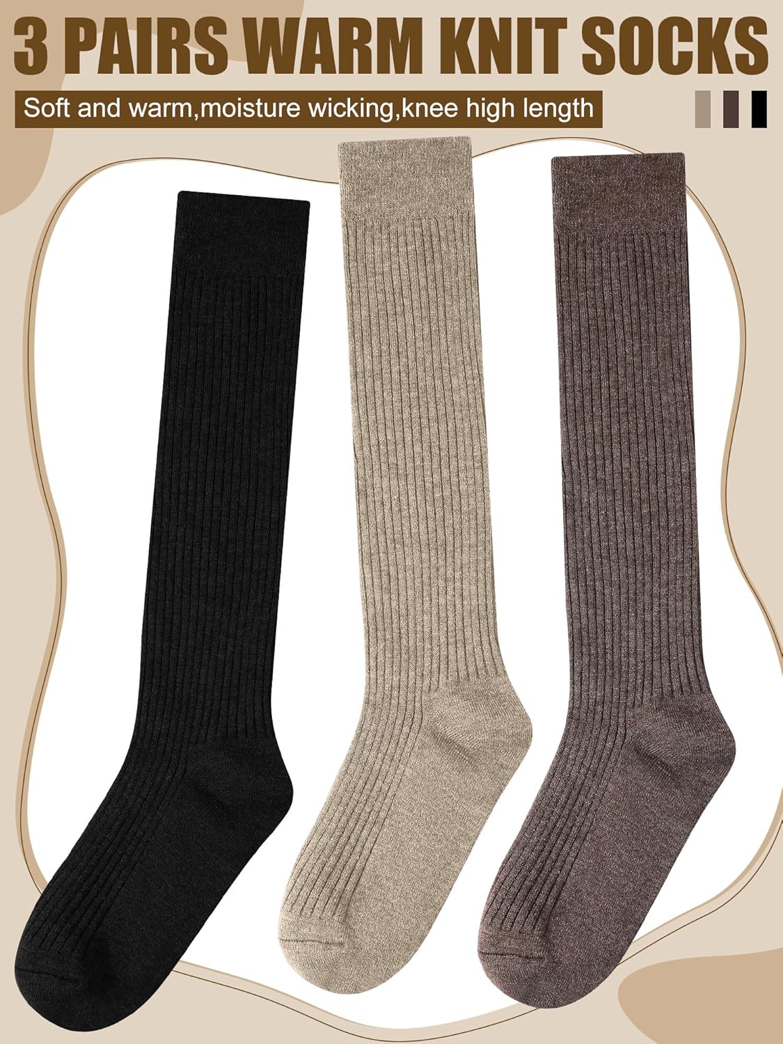 Shihanee 3 Pairs Winter Women Knee High Socks Long Ribbed Knit Slouchy Boot Socks Warm Gifts for Women Girls - Image 3