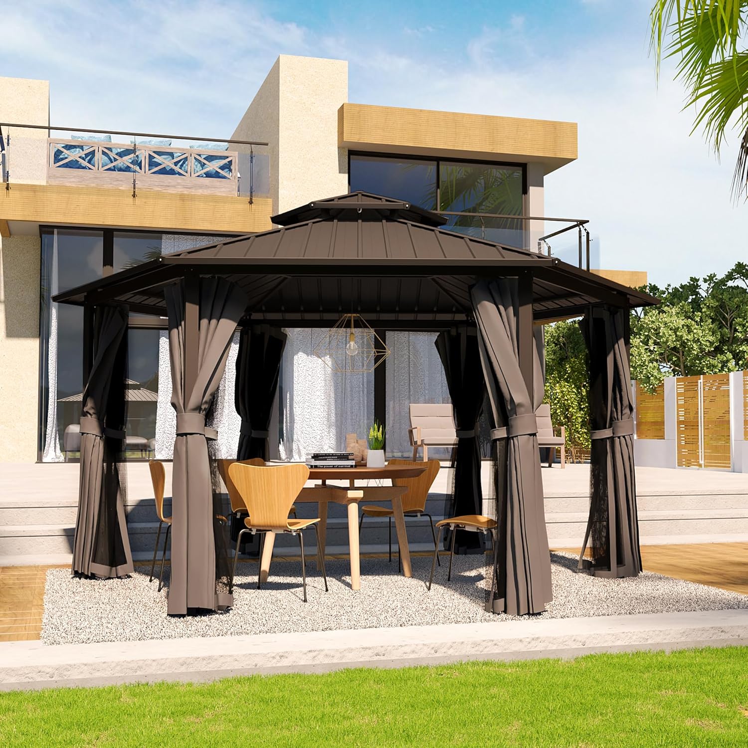 HAPPATIO 13' x 15' Hardtop Gazebo, Outdoor Hexagonal Gazebo with Galvanized Steel Roof, Aluminum Frame with Curtains and Netting, Metal Permanent Gazebos for Patios, Gardens, and Lawns (Brown)