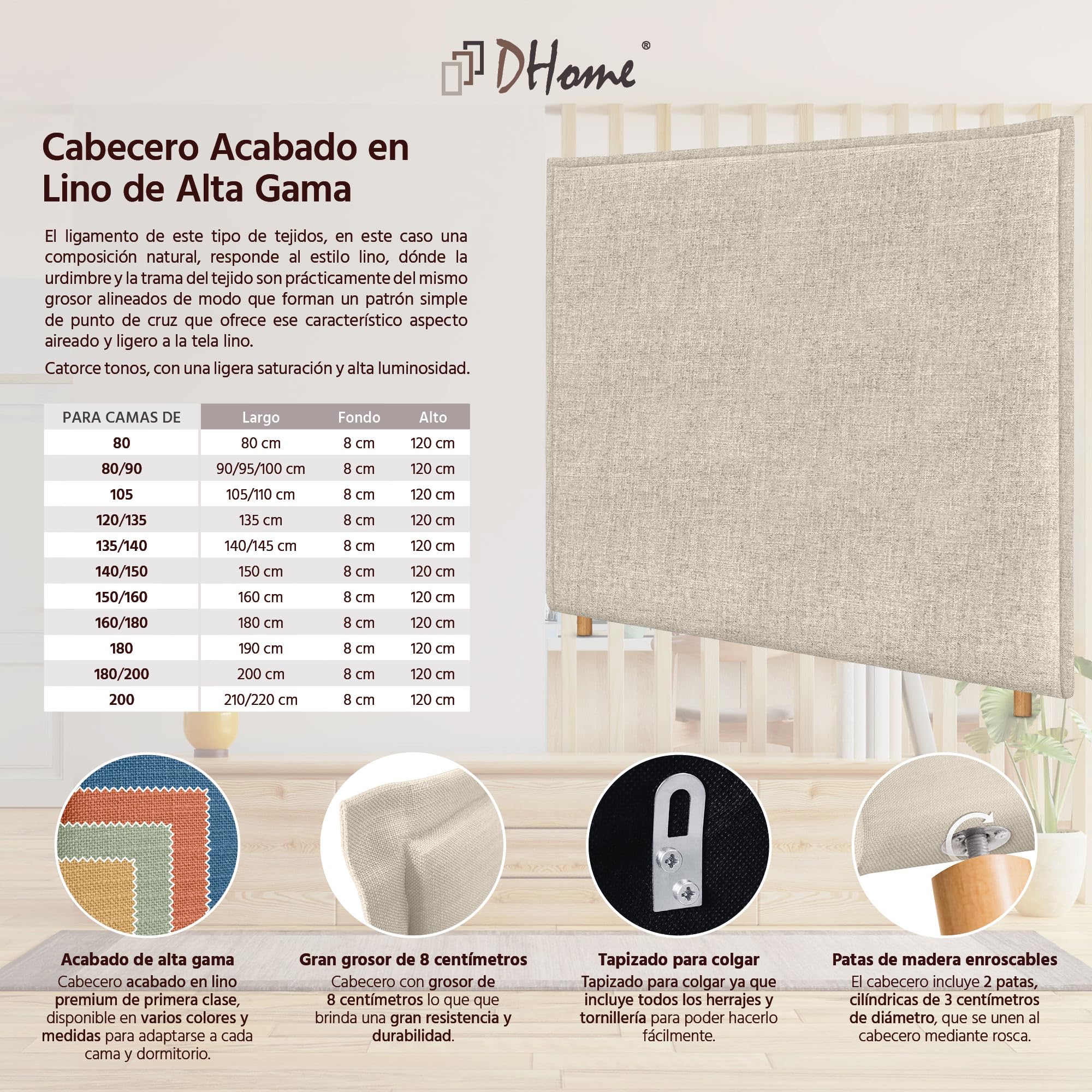 DHOME Cabecero de Lino Natural con Ribete hasta el Suelo con 8cm de Grosor Cabezal Tapizado Cama Dormitorio Moderno Top Trending (Lino Natural, 150cm (Camas 150))