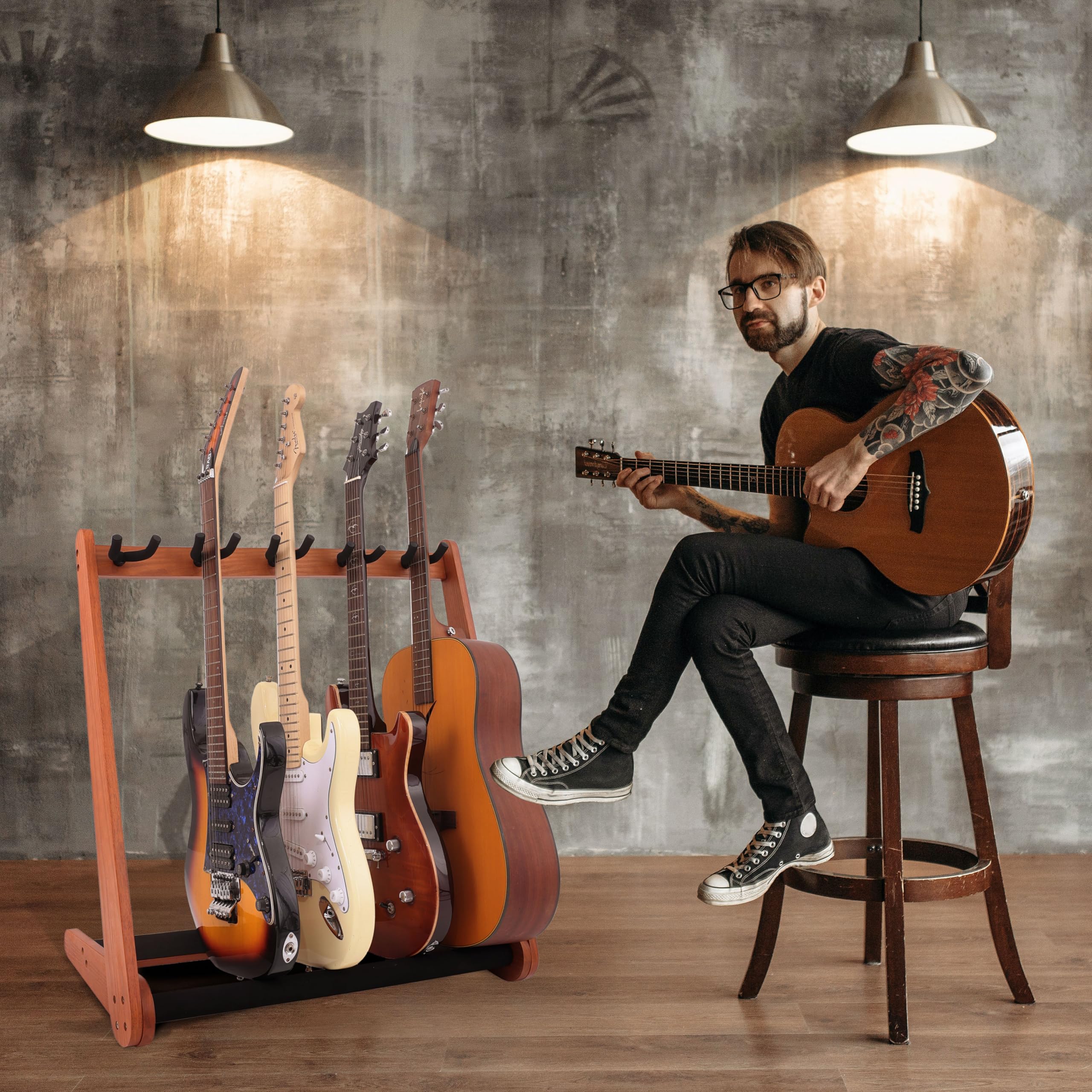 Nefelibata Soporte multiusos para guitarra, 5 soportes de madera para guitarras y estuches, guitarras eléctricas, acústicas, bajos, violonchelos, ceniza alemana (marrón amarillento)