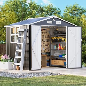 MXV 8 x 6FT Outdoor Storage Shed, Metal Garden Shed with Windows, Double Lockable Doors & Sloped Roof, Magnetic Solar Lamp, Waterproof Tool Sheds for Backyard Garden Patio Lawn, Black