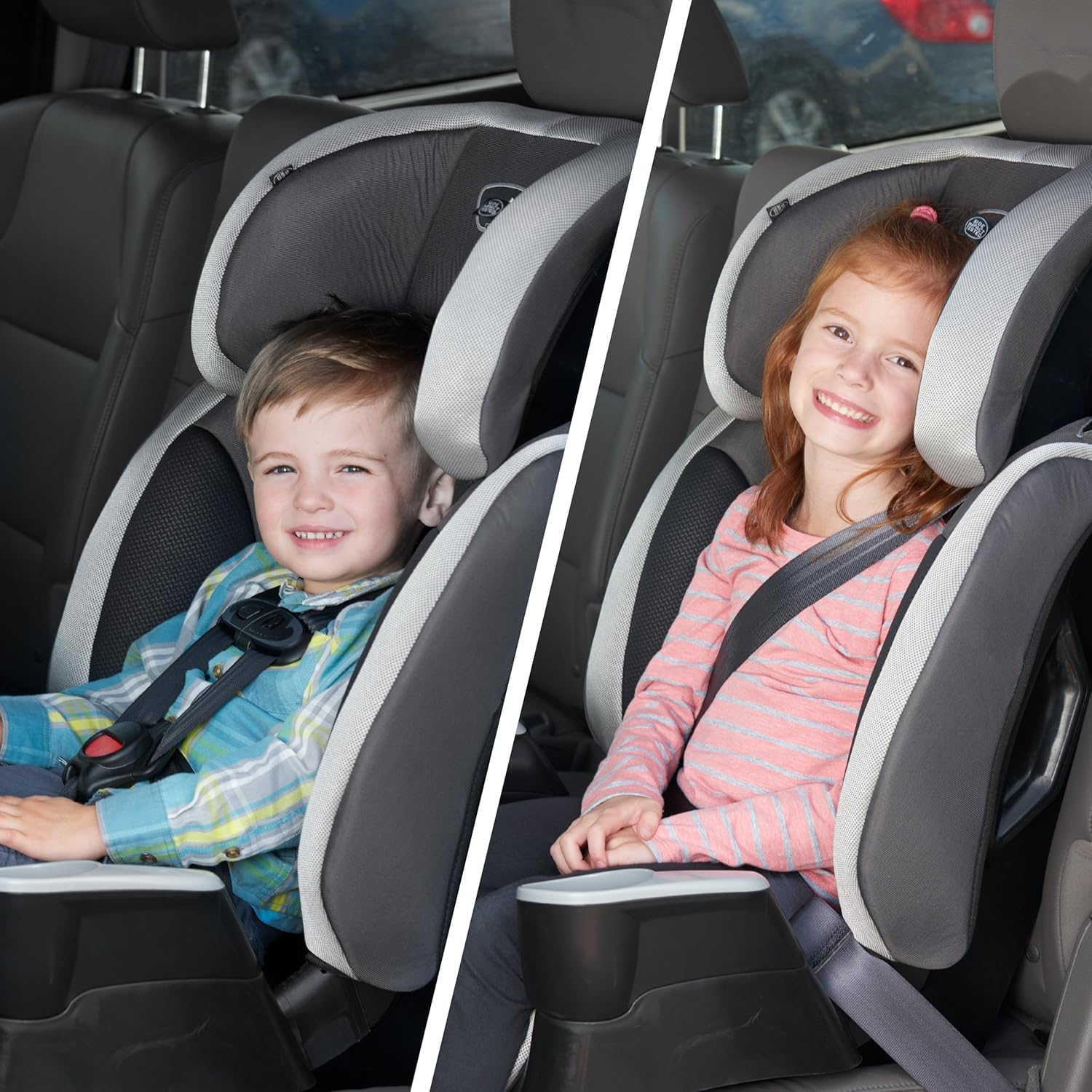 Child secured in Evenflo Maestro car seat in harness mode