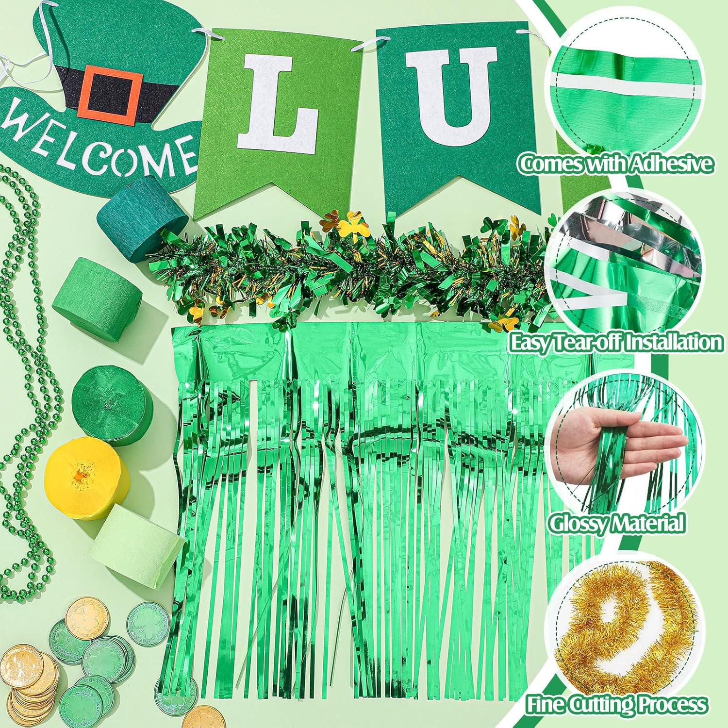 Crowye 178 Pcs St. Patrick's Day Parade Float Decorations for Trailer St. Patrick's Day Decorations Party Supplies Foil Fringe Curtains Tinsel Garland Paper Streamers Lucky Shamrock Banners Balloons