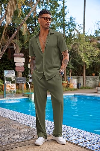 Vista 2 de COOFANDY Conjunto casual de 2 piezas para hombre, camisa de manga corta con botones, para playa, verano, conjunto de pantalones sueltos