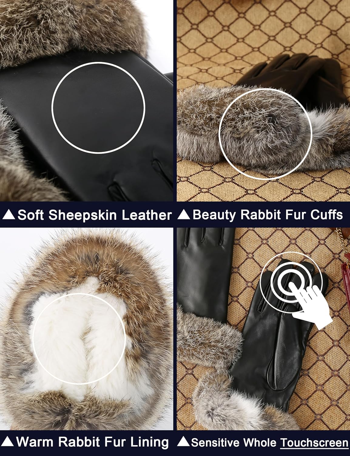 Super Warm Womens Rabbit Fur Lined and Cuff Leather Gloves for Women Touchscreen Texting Driving Gloves - Image 3