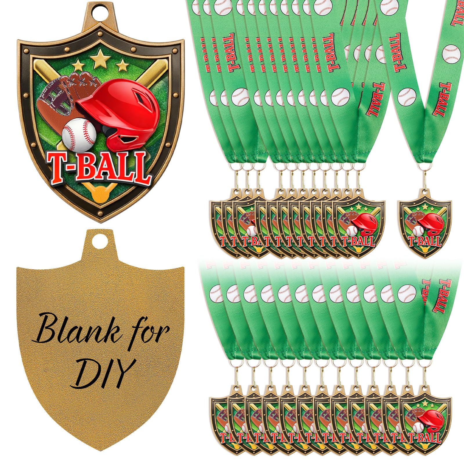 12/24/36 Stück 6,5 cm Auszeichnungsmedaillen mit Nackenband, Sportgewinner-Medaille, Trophäe für Team-Turniere, Preis, Geschenk, Teilnahme, Wettbewerb, Partygeschenk (24 Stück, T-Ball)