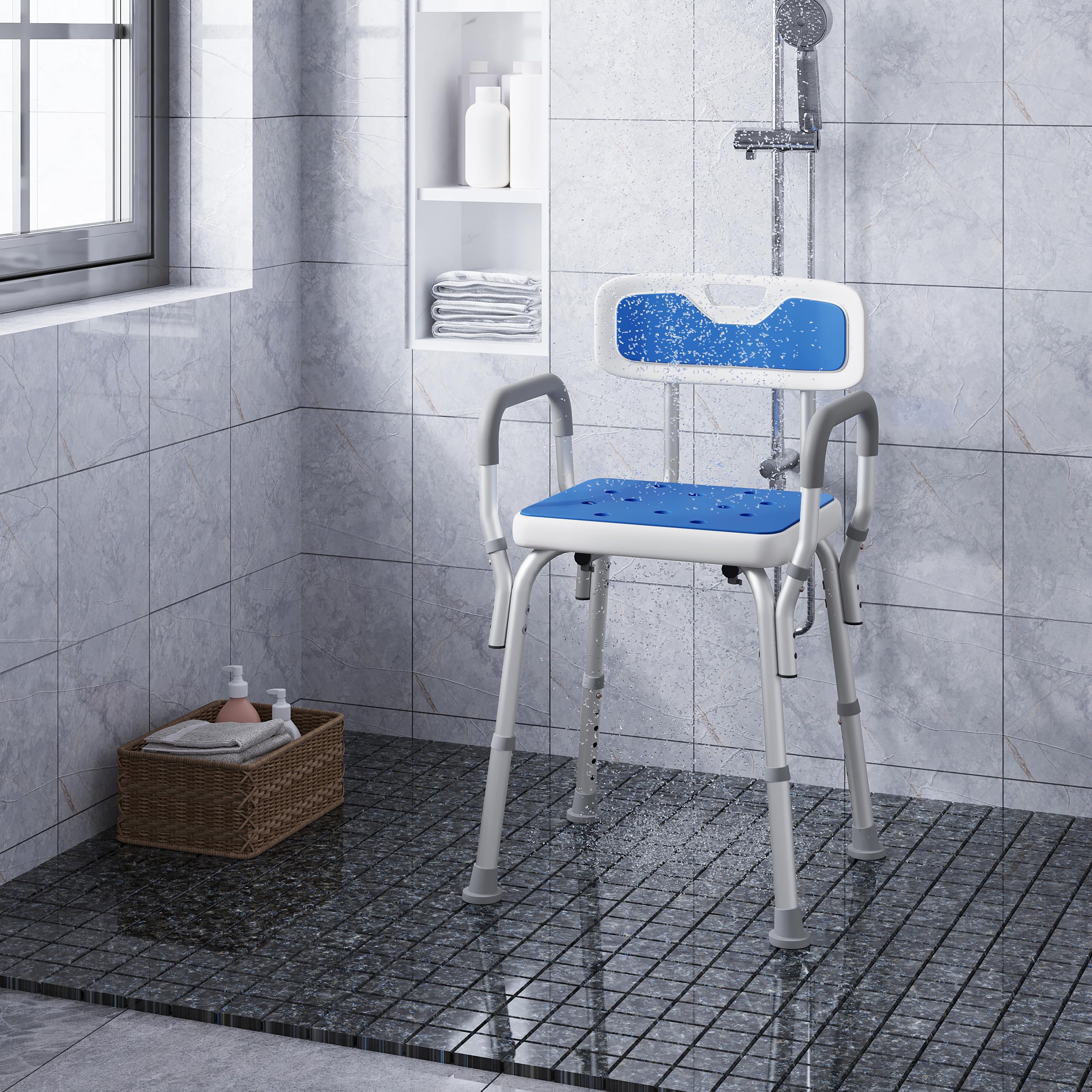 EUGAD Sgabello da Bagno Regolabile, Sgabello con Braccioli e Schienale, Sedia da Doccia per Anziani, Disabili, Sedile in PE, Gambe in Alluminio, Blu+Bianco