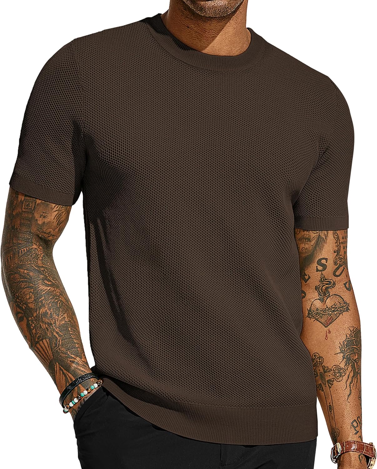PJ PAUL JONES Men's T-Shirts Casual Knit Short Sleeve Crewneck Honeycomb Waffle Solid Knitted Pullover Tees