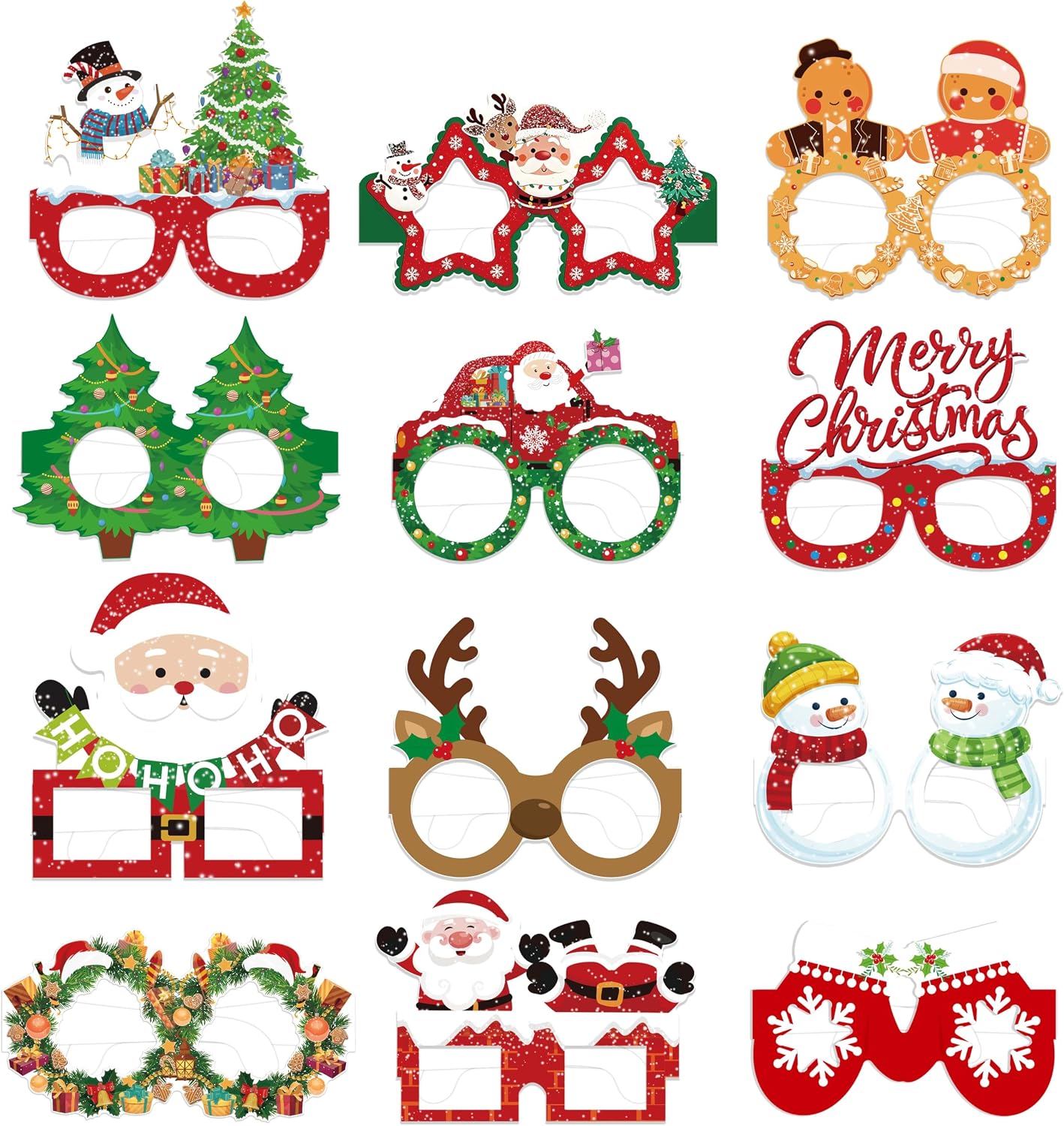 24 Pcs Christmas Paper Glasses, Funny Xmas Photo Booth Props for Kids & Adults, 12 Unique Styles Santa Reindeer Snowman Designs, Party Favors Supplies for Christmas, New Year, Holiday Celebration