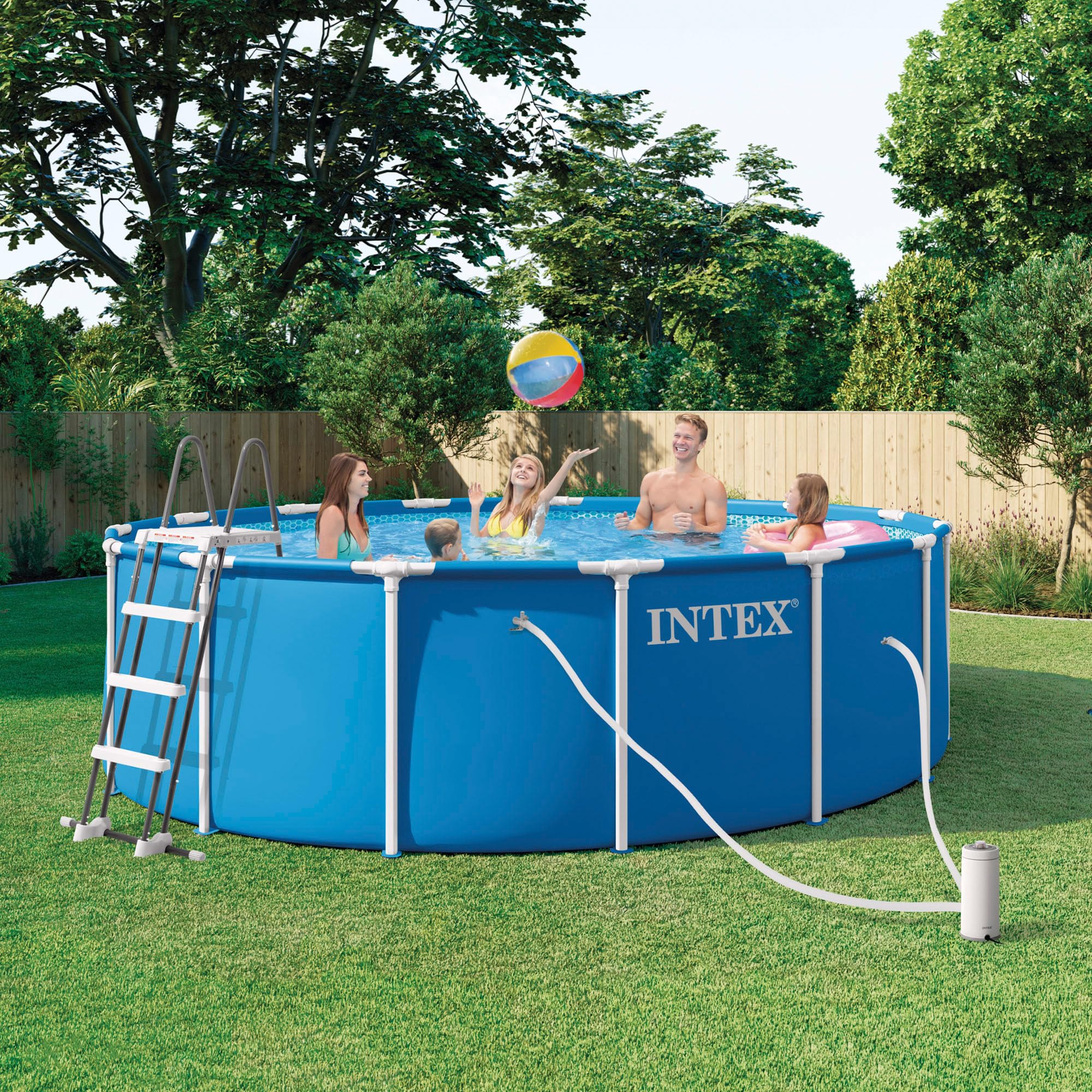 Intex Piscine 28242ND 4,57 m x 1,22 m avec Structure métallique Comprend Une Pompe de Filtration, Une échelle de sécurité, Une bâche de Sol et Une Couverture de Piscine