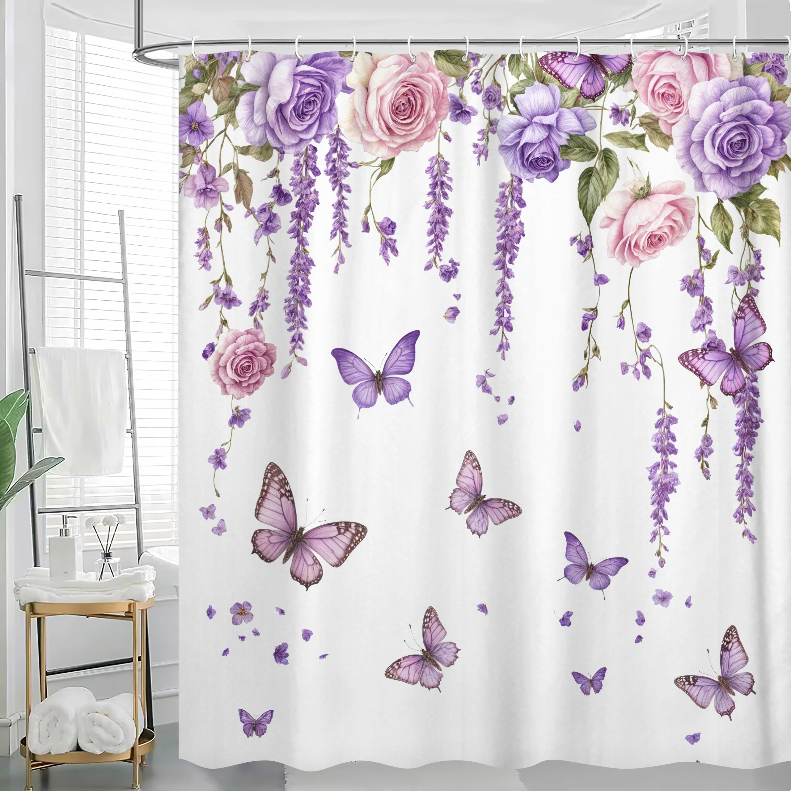 Dizifinn Purple Butterfly Shower Curtain, Lavender Floral Lilac Flower Leaves Shower Curtains for Bathroom Decorative, Purple Botanical Restroom Decor