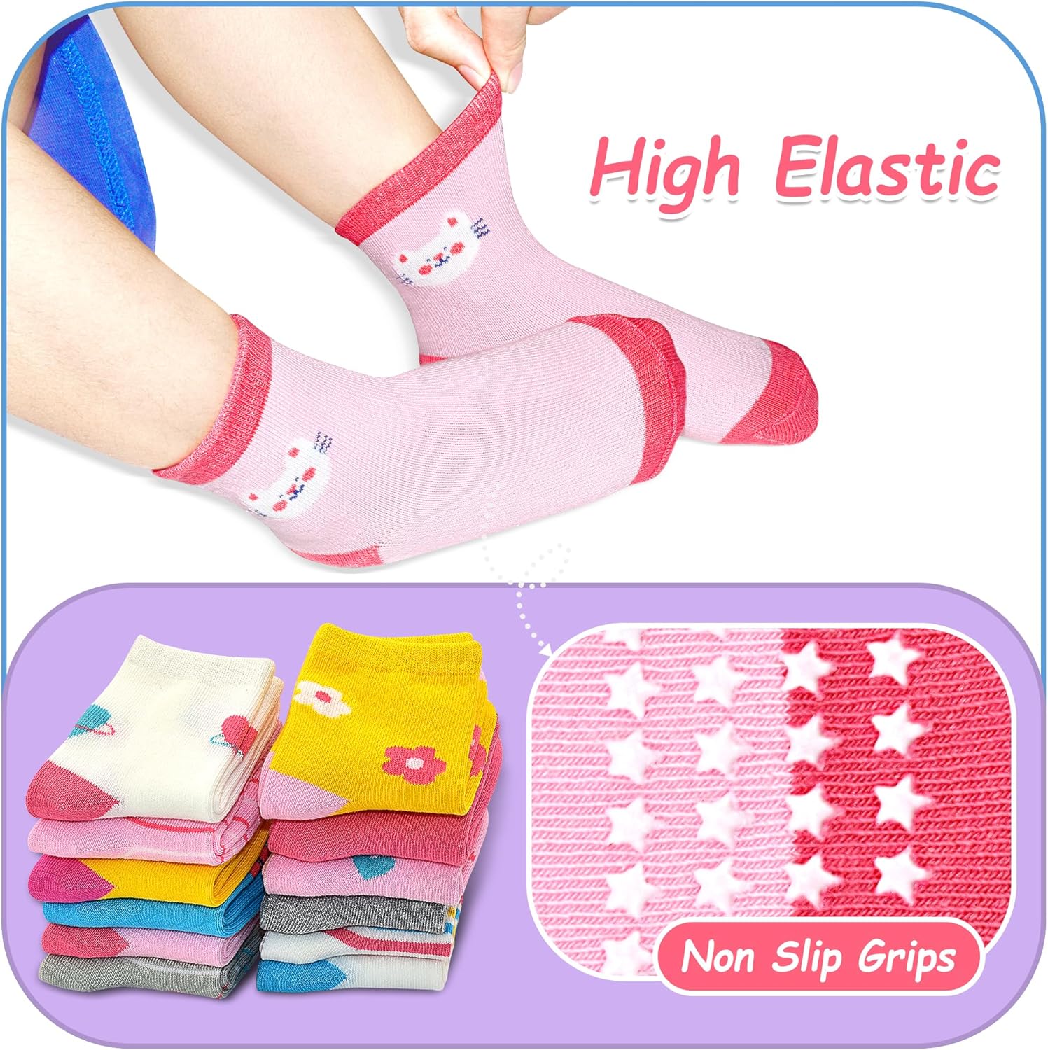 Non Slip Toddler Socks with Grip Boys Girls 12 Pairs Anti Skid Crew Socks Baby Kids Children Cartoon Pattern - Image 6
