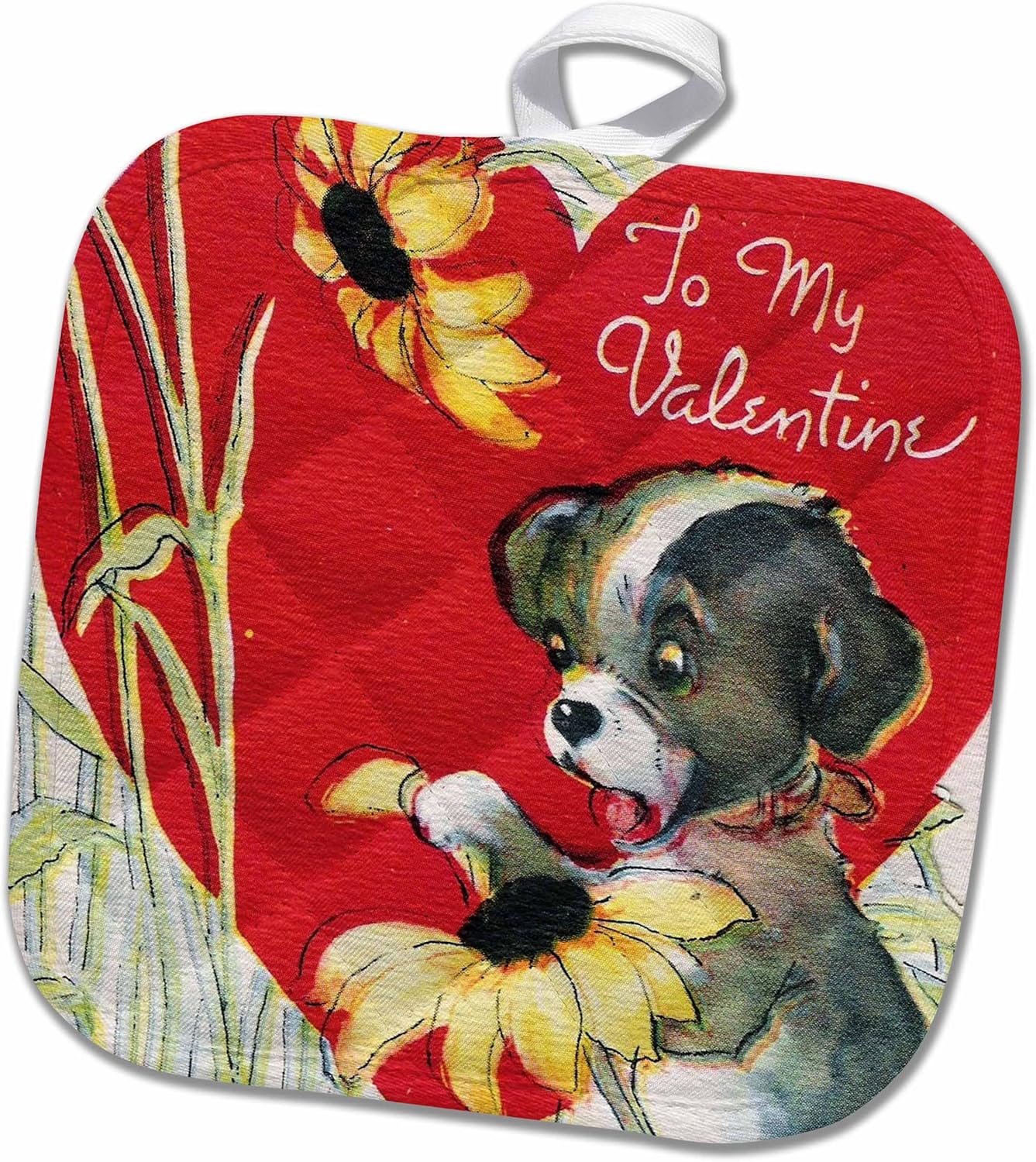 3D Rose Adorable Vintage Dog Valentine Pot Holder, 8 x 8