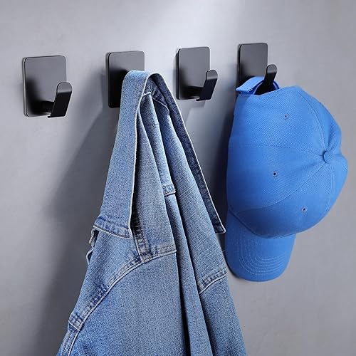 Miniatura 4 de Taozun Ganchos adhesivos  Ganchos negros para toallas, paquete de 4 ganchos de pared de acero inoxidable, resistentes al óxido y al aceite para