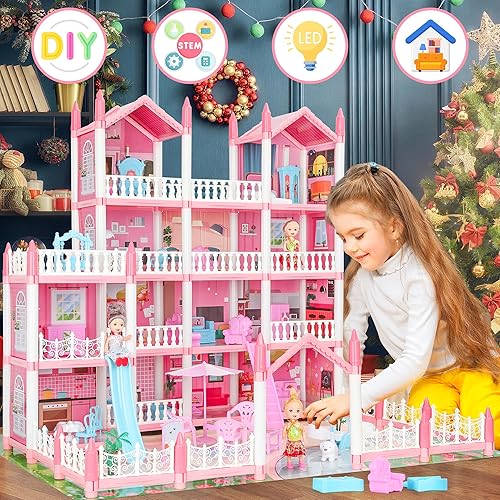 Miniatura 4 de Casa de muñecas grande para niñas, casa de muñecas de ensueño de 4 pisos, 15 habitaciones, casa de juegos con 3 muñecas, luces, muebles y