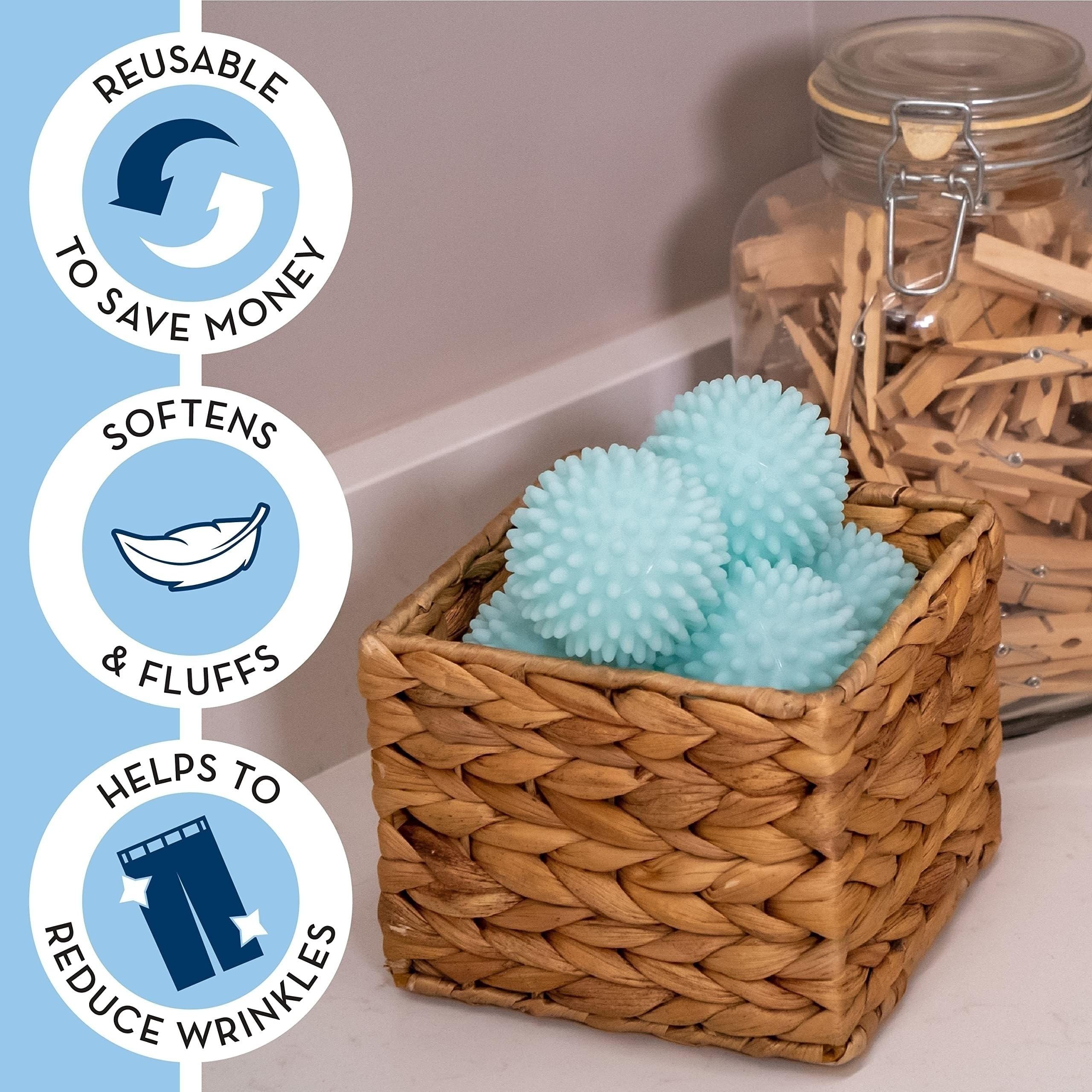 Bolas reutilizables para secadora de ropa, suavizante de tela antiestático de plástico azul cielo, reduce las arrugas, suministros de limpieza sostenibles, ayuda esencial de lavado y secado para 4