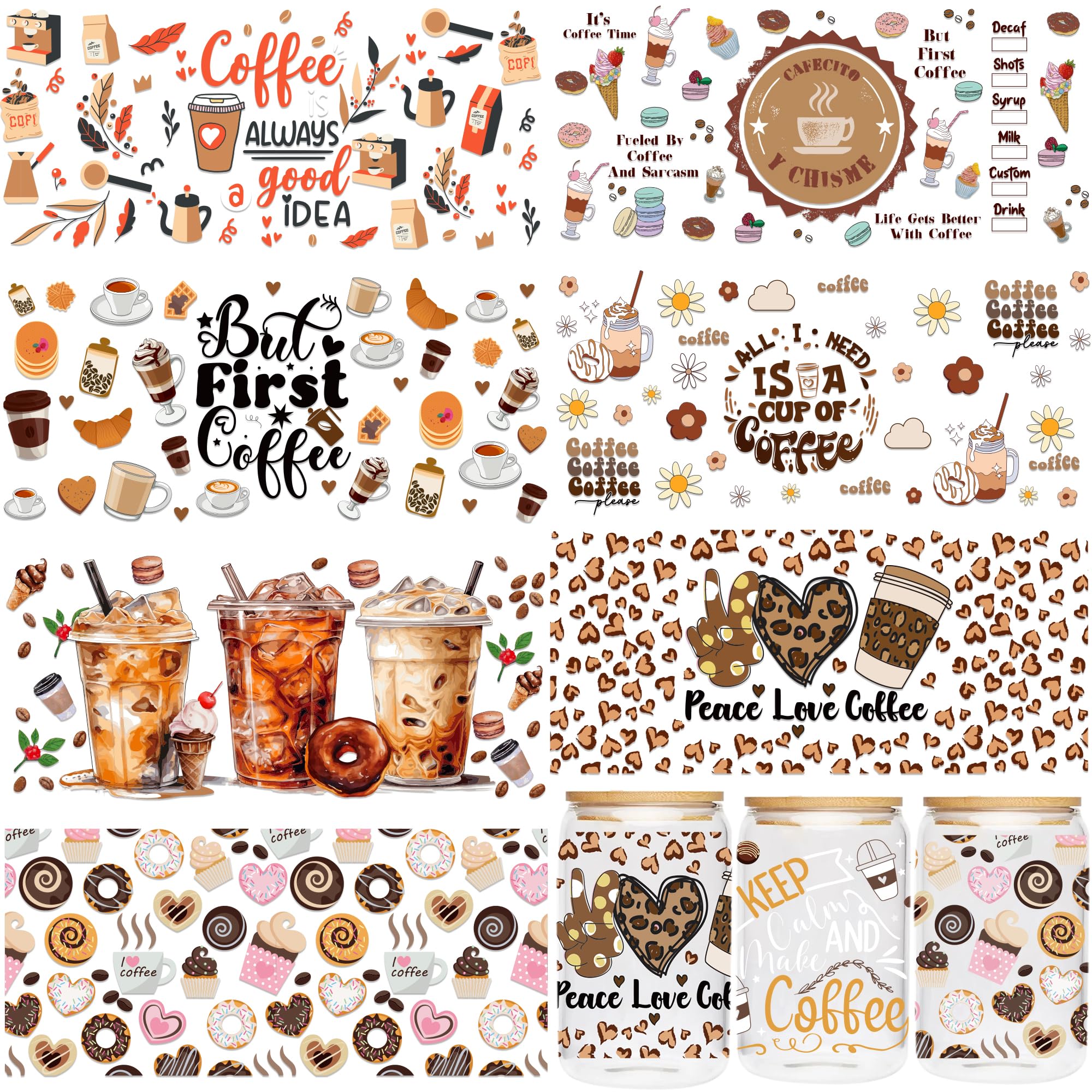 Amazon.com: UV DTF Cup Wraps Transfer - 8 Sheets Coffee UV DTF Transfer Sticker for 16 OZ Glass, Coffee Dessert Love Icecream Bread Design, Ready to Press, Waterproof DIY Crafts