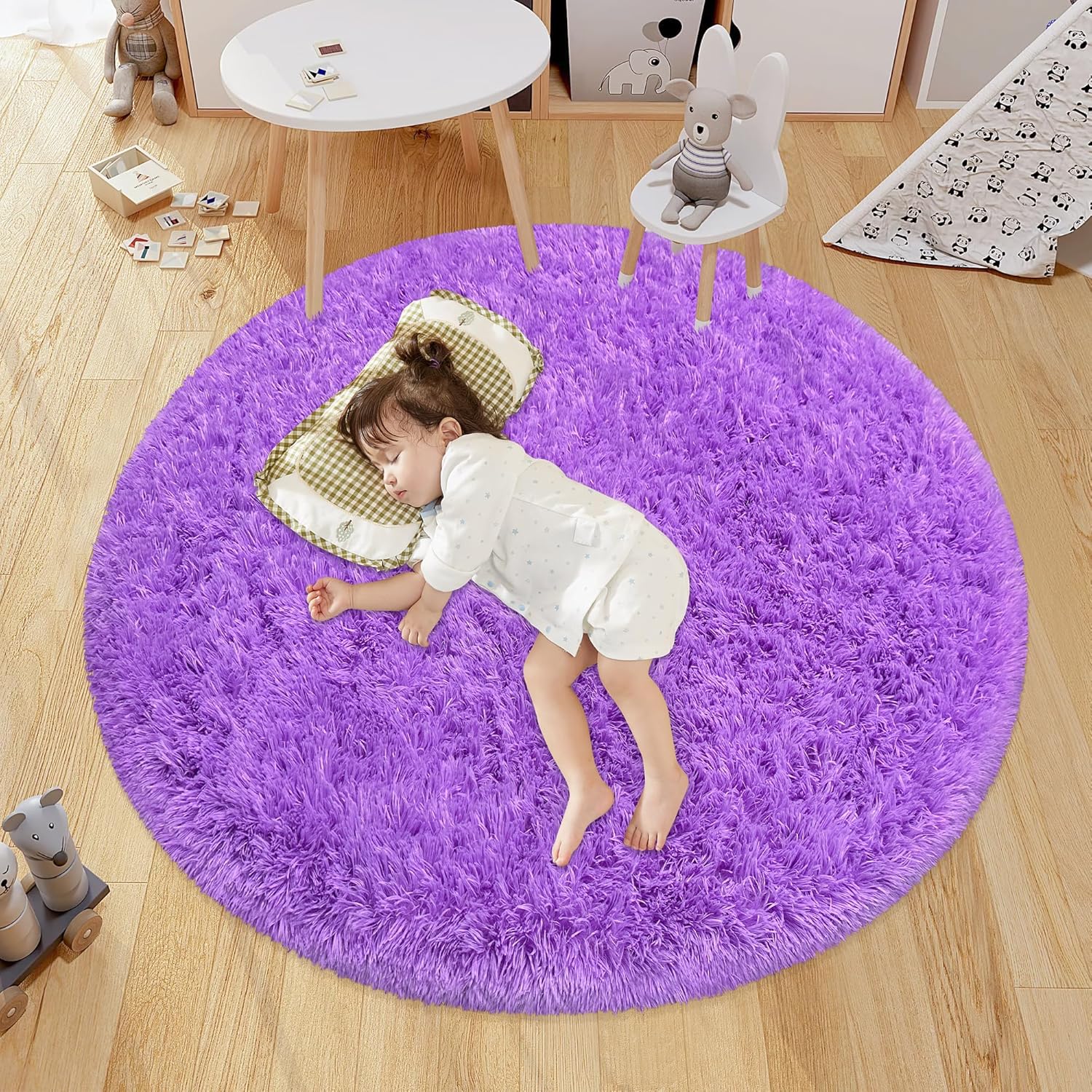 Purple Round Rugs 5Ft for Girls Bedroom Decor Aesthetic, Fluffy Fuzzy Circle Area Rug for Kids Playroom Soft Fuzzy Plush Shaggy Round Carpet for Living Room, Baby Nursery