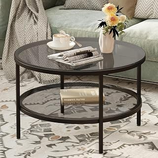Yusong 26" Round Glass Coffee Table with Storage - Modern 2-Tier Circle Accent Table, Light Black Tempered Glass for Living Room, Bedroom, Small Spaces