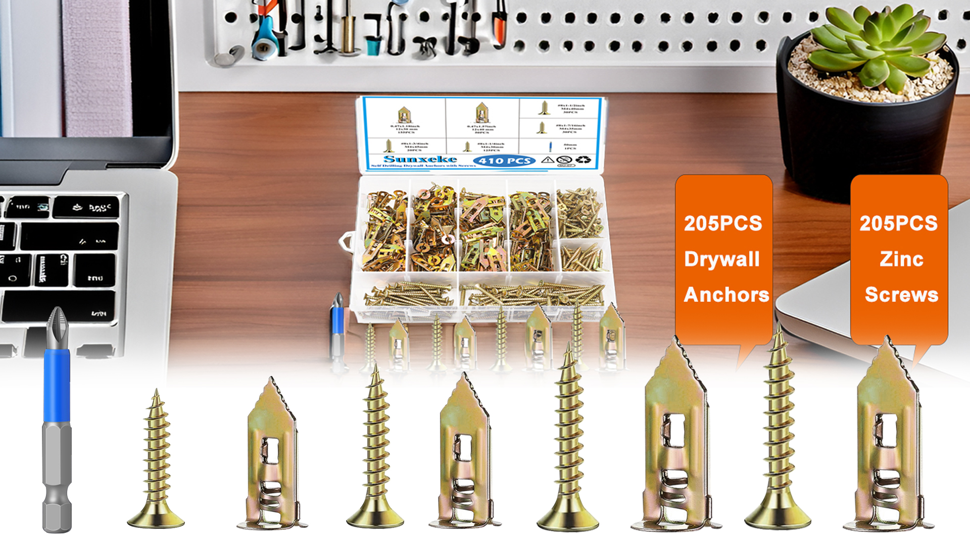 Image of 410PCS Self Drilling Drywall Anchors and Screws Kit, Heavy Duty Wall Anchors for Drywall, Zinc Plated Self Drilling Anchor Screws, No Drill Needed for Picture Hanging & Furniture Fixing