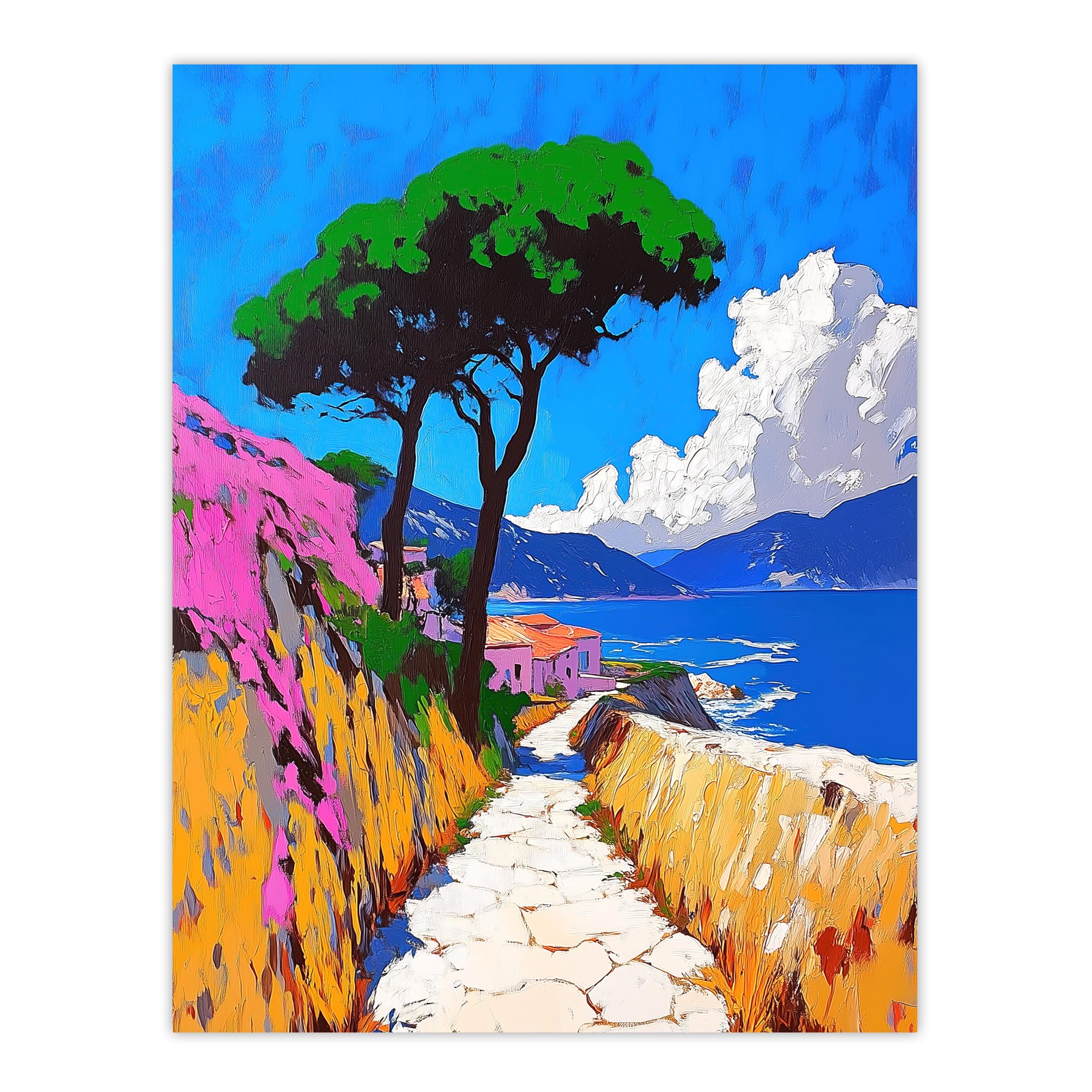 Artery8 Santorini Greece Coastal Path Colourful Landscape Living Room Extra Large XL Wall Art Poster Print