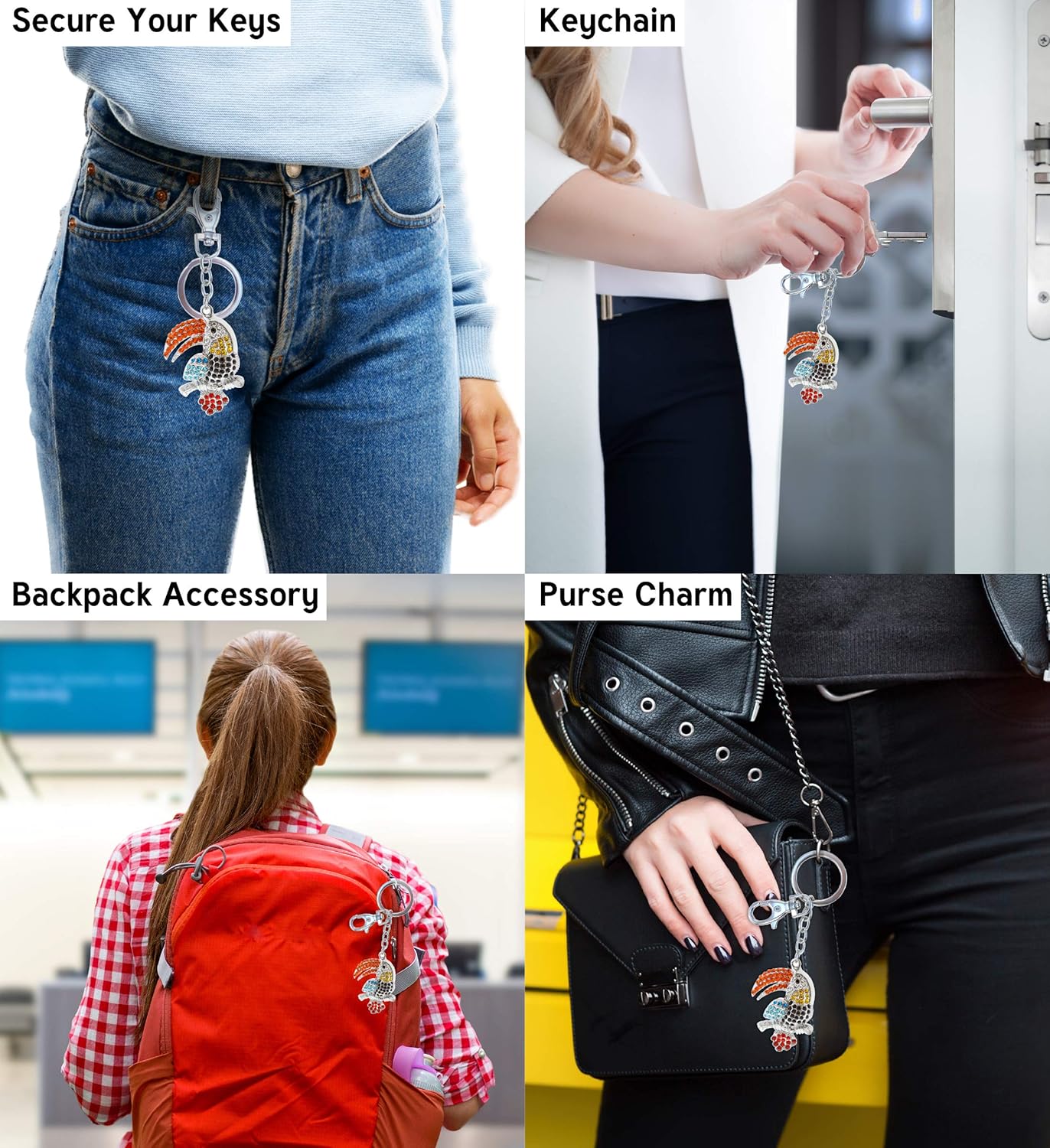 Toucan Keychain - Silver 3D Sparkling Charm Rhinestones Fashionable Stylish Metal Alloy Durable Key Ring Bling Crystal Jewelry Accessory With Clasp - Image 3