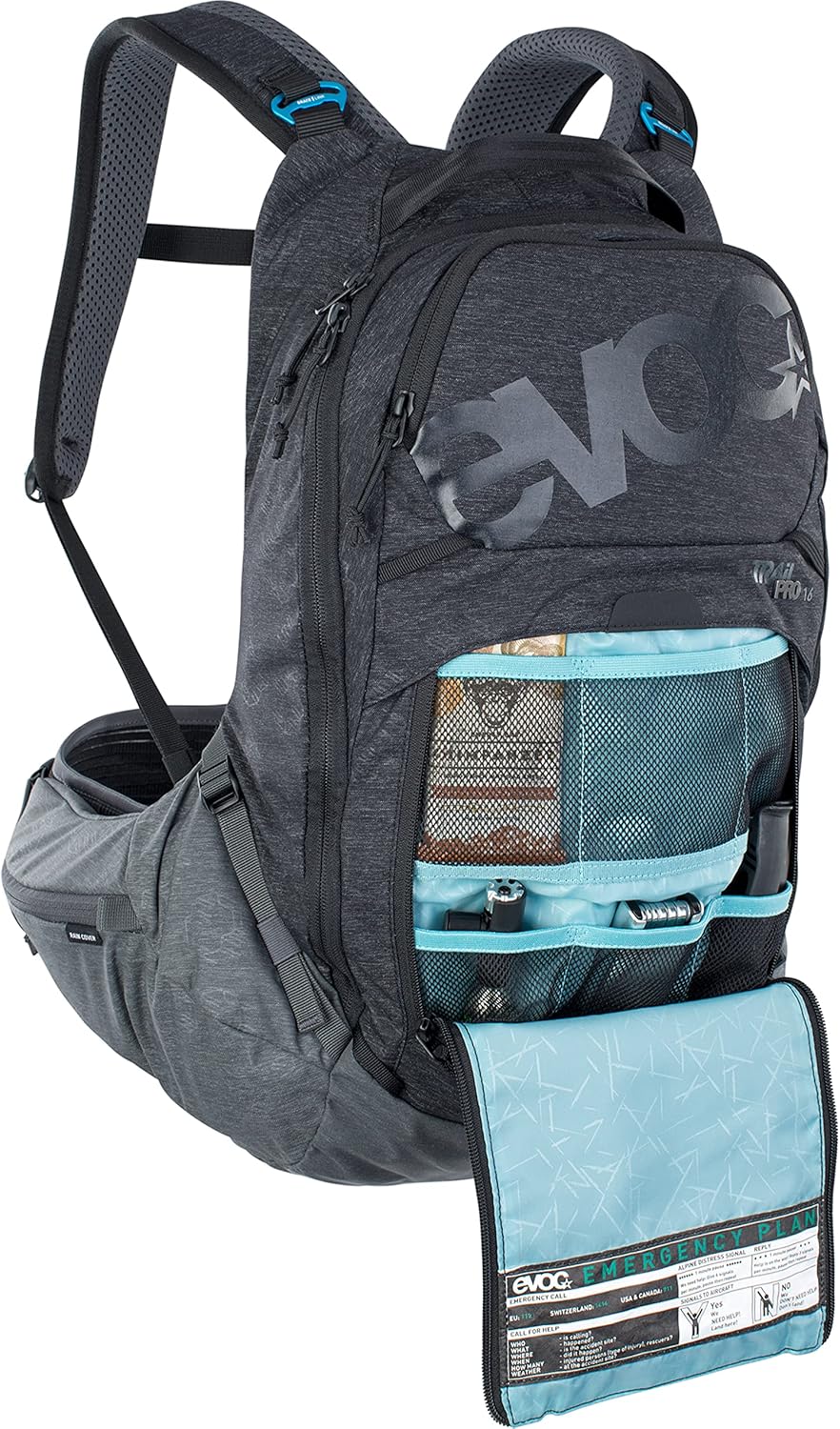 Evoc TRAIL PRO 16l protector backpack for day tours & trail riding (Size: L/XL, LITESHIELD PLUS back protector, extremely lightweight, 3l hydration bladder compartment), Black/Carbon Grey
