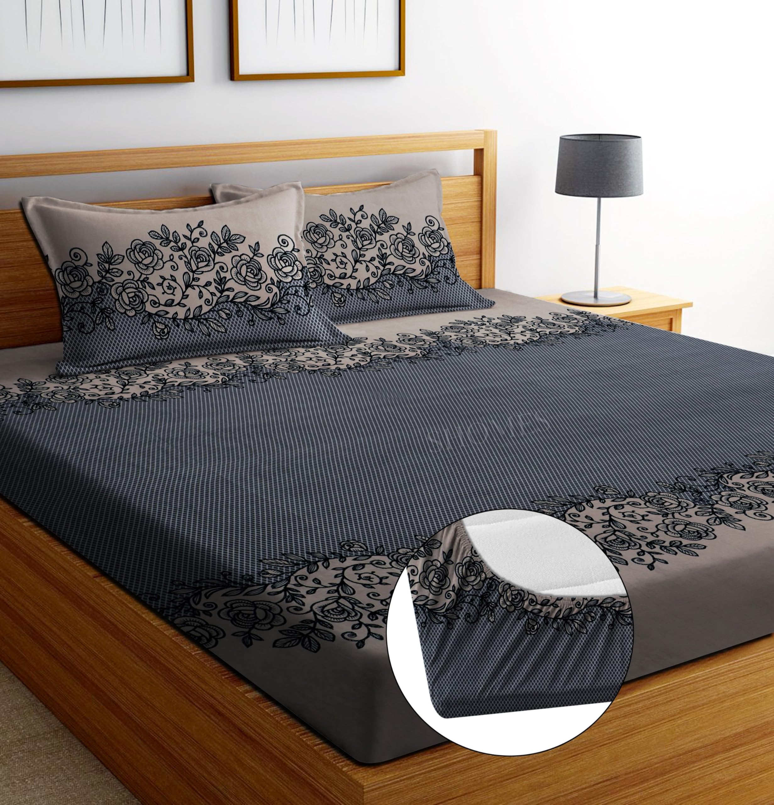 Cotton Glace Cotton Elastic Fitted Bedsheet with 2 King Size Pillow Covers | Double Bed with All Around Elastic, Fits Upto 8 Inches Mattress, Size 72 x 78 Inches (Coffee)