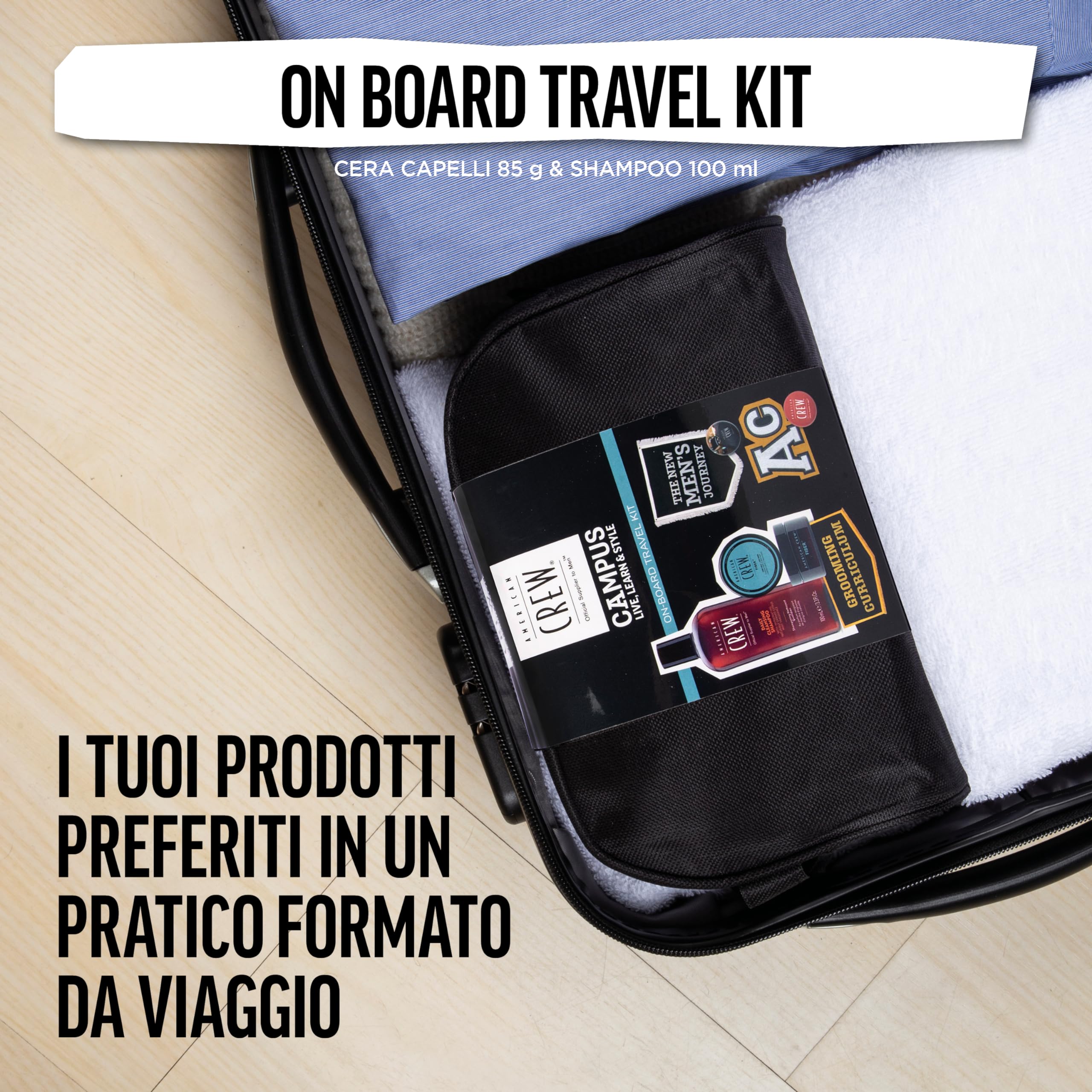 American Crew ON-BOARD TRAVEL KIT, Set Viaggio Cera Capelli & Shampoo, Pochette Regalo + AC Fiber 85 gr + AC Daily Cleansing Shampoo 100 ml