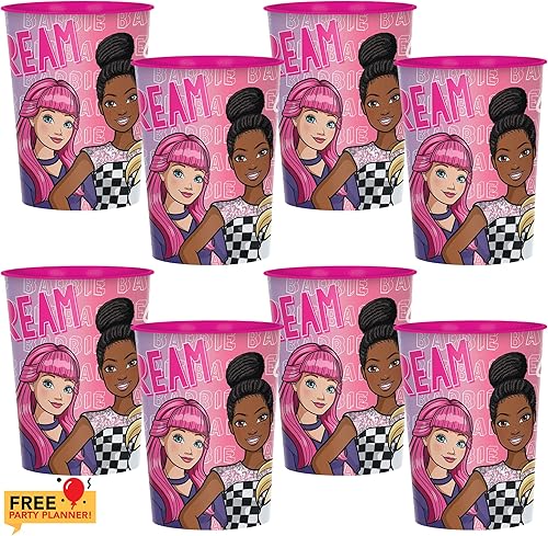 amscan 8 tazas de regalo de Barbie – Taza de 16 onzas para fiestas, bebidas, regalos de cumpleaños, niñas rosadas, niños, juego de decoración,