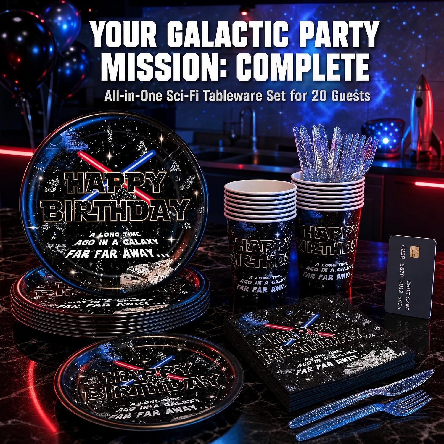 120 Pcs of Galaxy Party Supplies, Including 20 Plates, 20 Napkins, 20 Disposable Paper Cups, 20 Forks, And 20 Knives, Star Birthday Party Decorations, And Birthday Decorations for 20 Guests