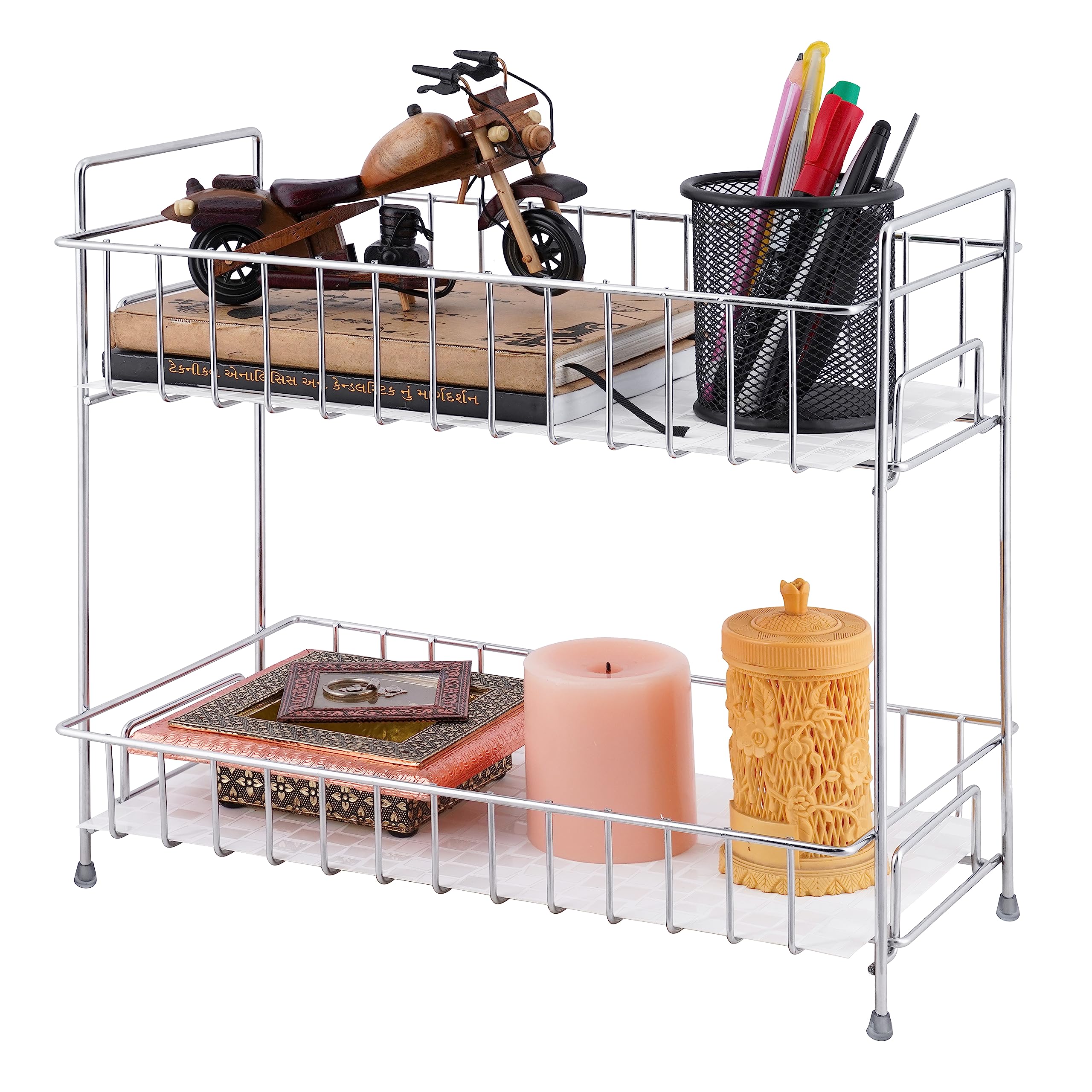 URBANMONK Stainless Steel Tiered Shelf Tabletop Rack For Kitchen | 2-Tyre Kitchen Spice Rack | Multipurpose Fordable Kitchen Organizer| Kitchen Counter Top Organizer | Size:37X33X20 Cm | Silver