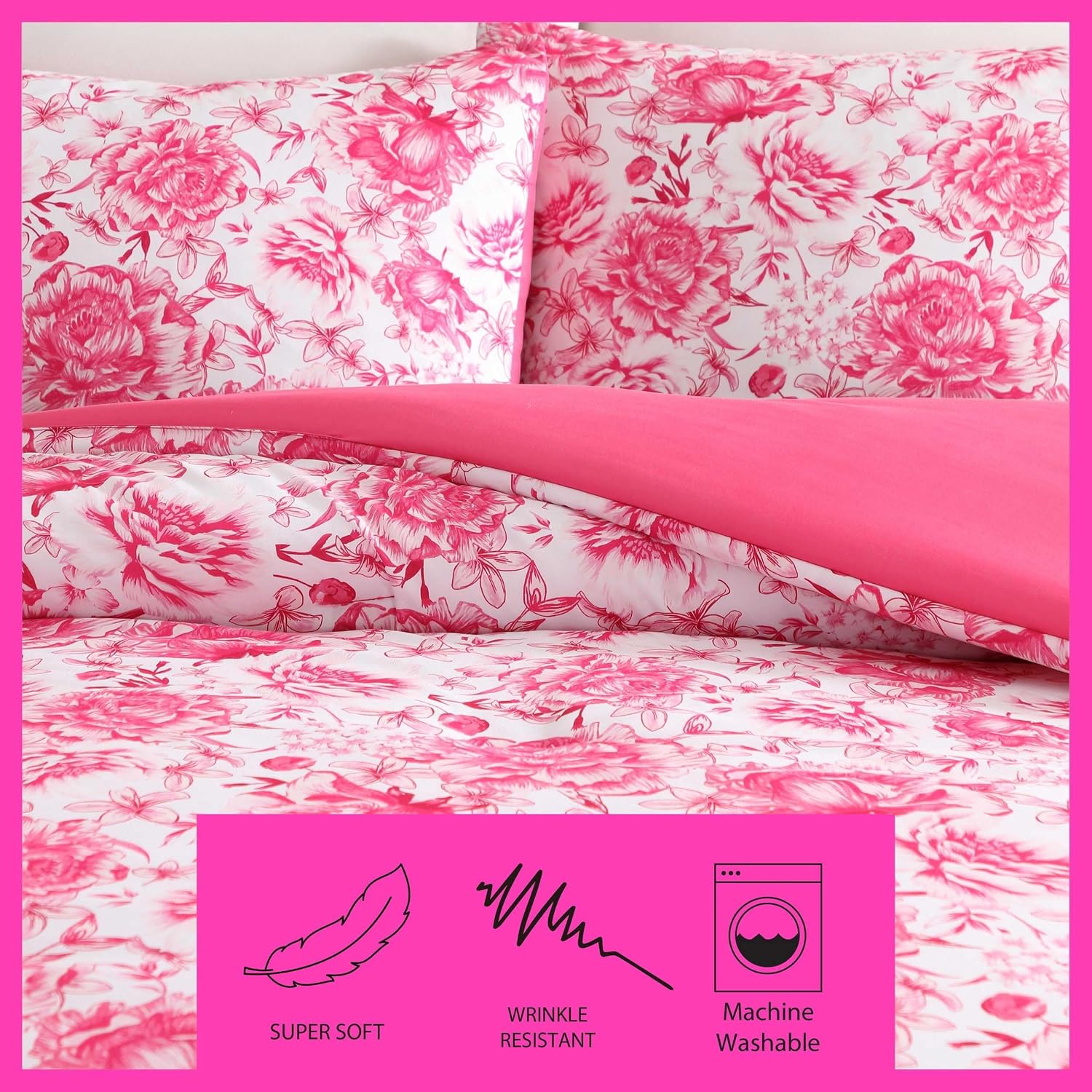 Betsey Johnson - Twin Comforter Set, 100% Soft & Reversible Floral Bedding, Plush 4 Piece Bonus Bed Set with Pillowcase, Throw Blanket & Butterfly Shaped Throw Pillow (Sketch Malachite Pink) image 5