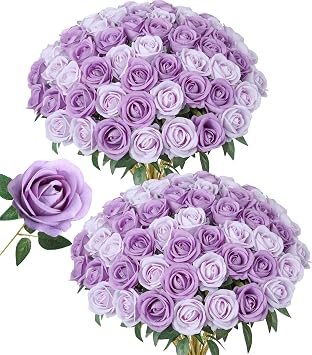 50 PCS Purple Roses Artificial Flowers, Fake Roses with Stem Realistic Silk Roses for DIY Wedding Bouquets Table Centerpieces Arrangements Baby Shower Birthday Home Decor Valentines Day Gift for Her