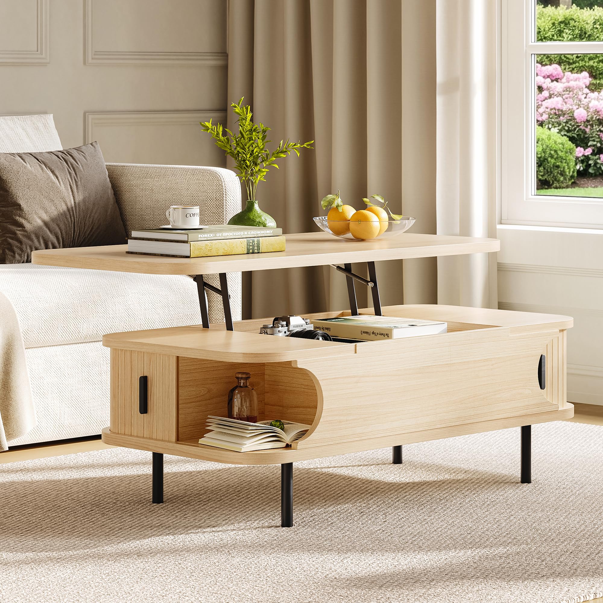IRONCK Couchtisch höhenverstellbar, Wohnzimmertisch mit Stauraum, Holz Kaffeetisch mit Schiebetüren, verstecktes Fach, offenes Fach, für kleine Räume, Wohnzimmer, Homeoffice, 101x51x52cm, Eiche Hell