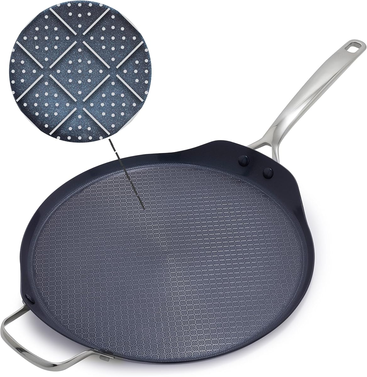 Sartén híbrida XL antiadherente de acero inoxidable de 12" | Sartén redonda antiadherente de cerámica sin PFAS, lista para inducción y cocina, apta para lavavajillas y horno, apta para utensilios de metal