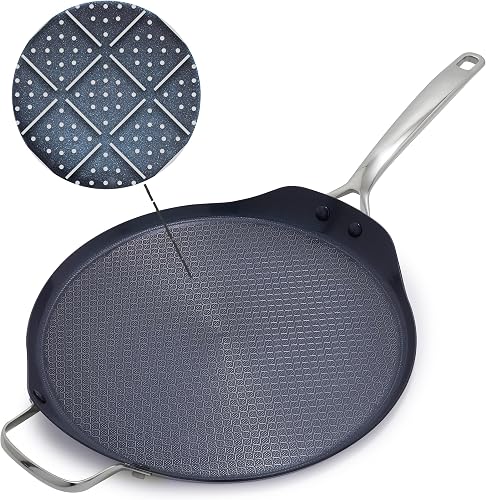 Blue Diamond Hybrid Nonstick Stainless Steel 12" Griddle Pan, XL Skillet, PFAS-Free Ceramic Diamond Bond Searing, Pancakes & Omelets, Dishwasher Safe, Stay-Cool Handle, Induction Ready, All Cooktops