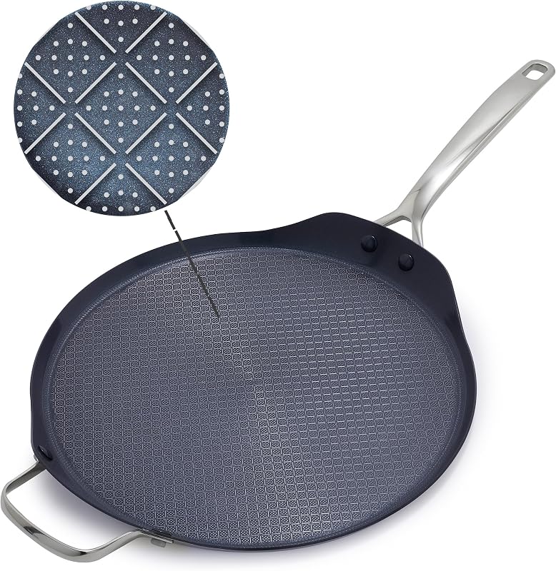Sartén híbrida XL antiadherente de acero inoxidable de 12" | Sartén redonda antiadherente de cerámica sin PFAS, lista para inducción y cocina, apta para lavavajillas y horno, apta para utensilios de metal