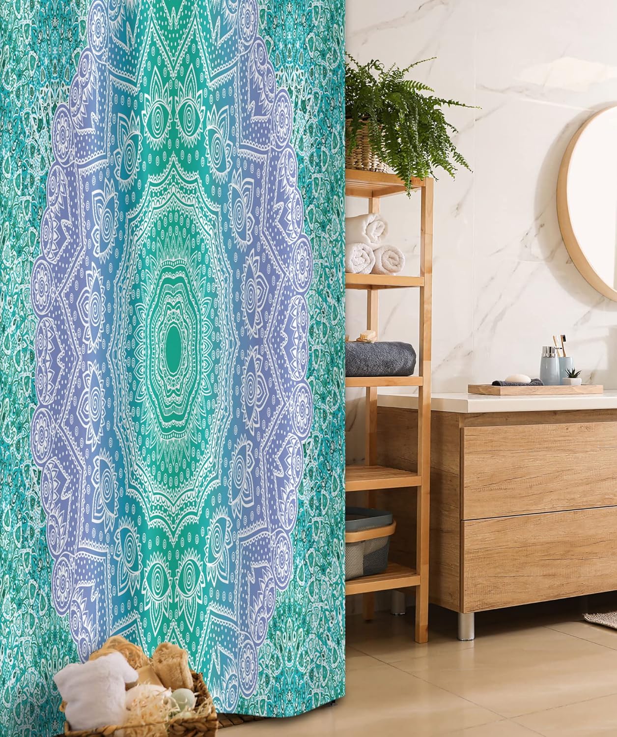 Ambesonne Ethnic Stall Shower Curtain, Traditional Oriental Mandala Yantra Geometry Pattern, Fabric Bathroom Decor Set with Hooks, 36" W x 72" L, Purple Green