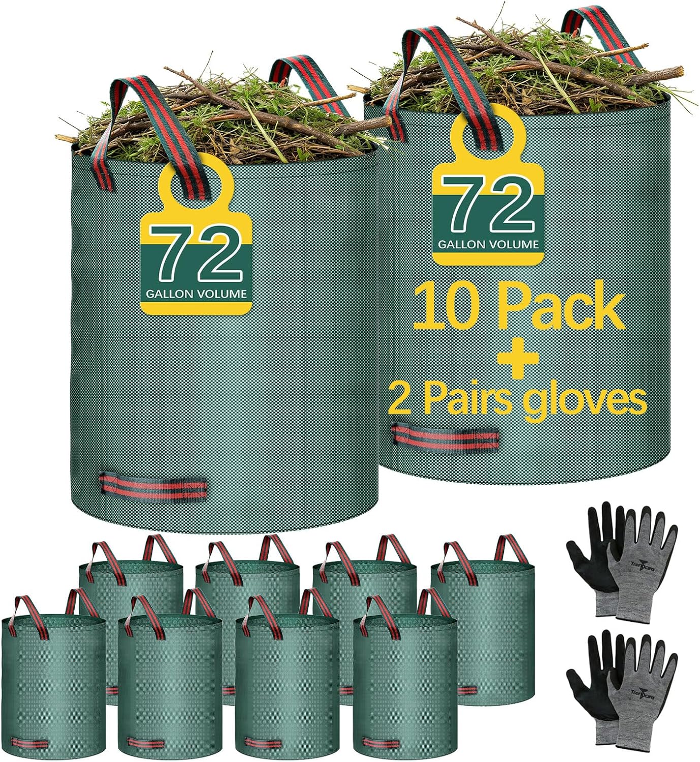 10 Pack 72 Gallon leaf bags reusable yard waste bags lawn bags,2 pairs of gardening gloves are included,Suitable for camping, yards, and recycling; can hold debris, leaves, grass clippings