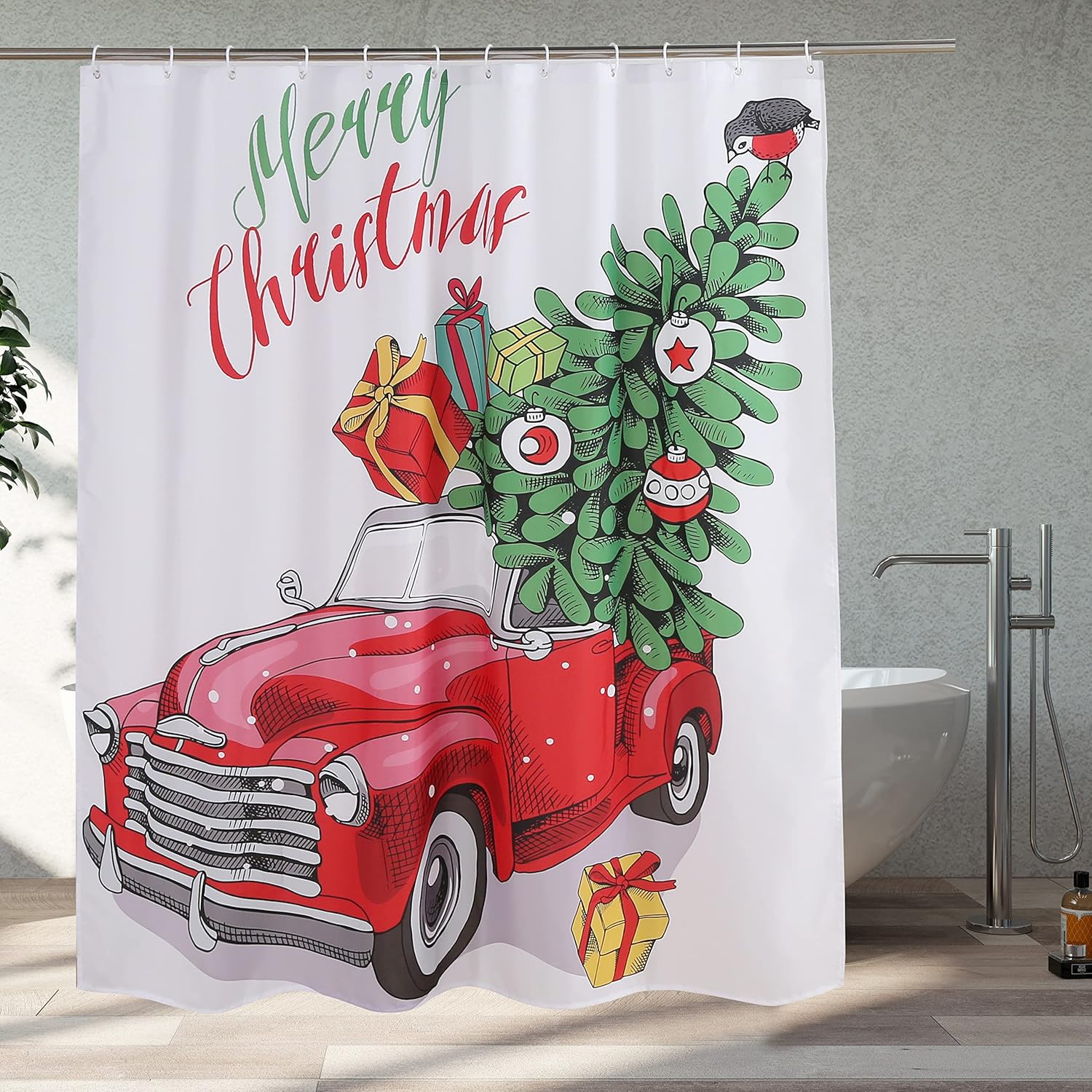 ENCOFT Christmas Shower Curtain Red Truck Christmas Tree