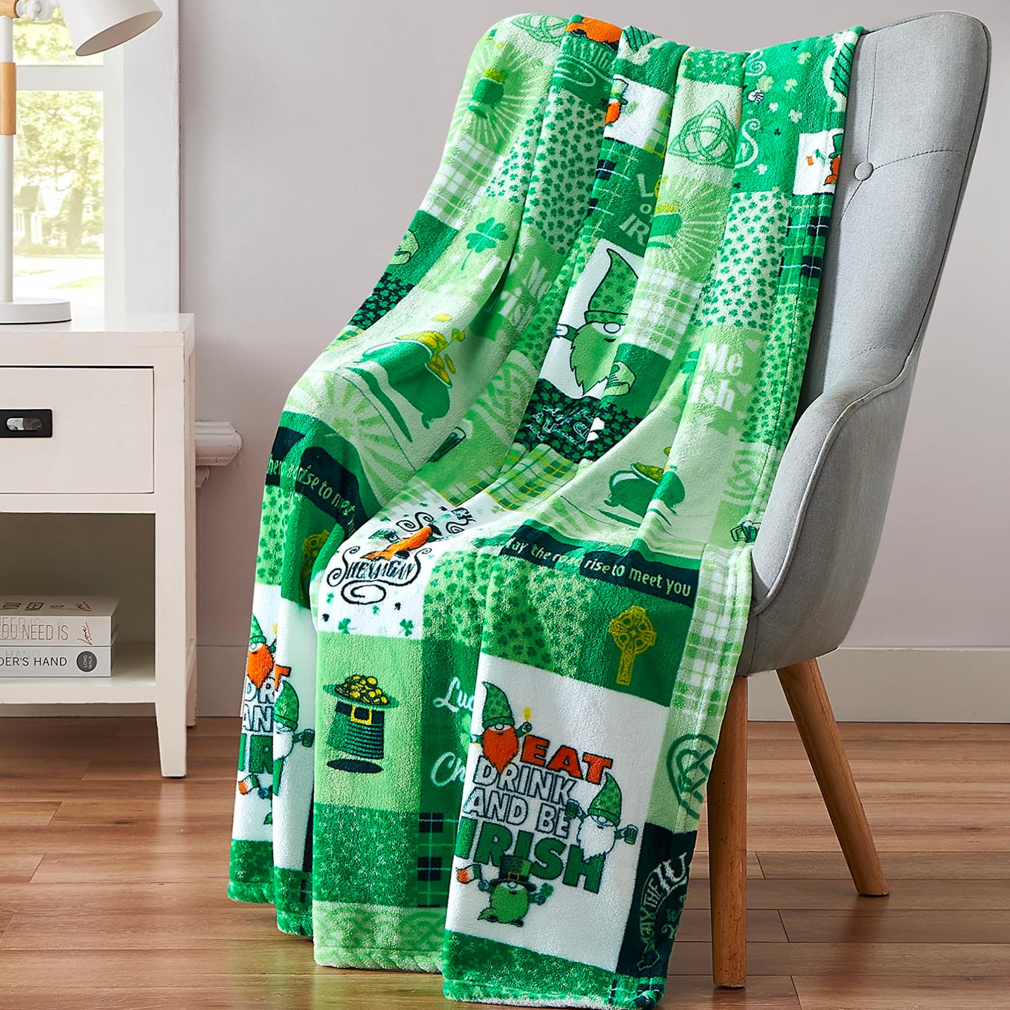 Serafina Home Irish Patchwork St. Patrick's Day Soft Fleece Throw Blanket: Irish Gnomes, Charmed With Celtic Sayings, And Lucky With Clovers Shamrocks And Pots Of Gold (Irish Patchwork)