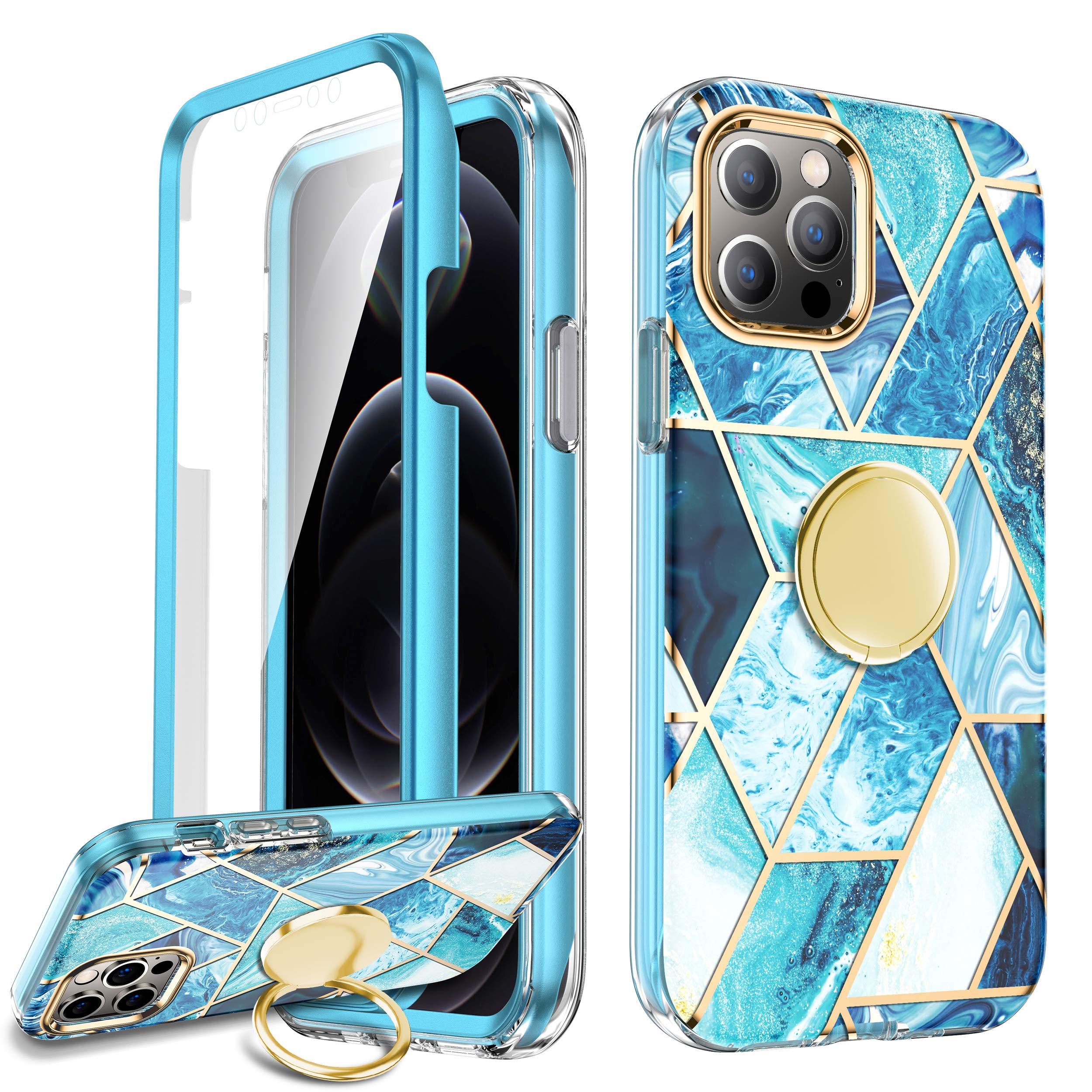 Huffii MyLove Series Designed for iPhone 13 Case Marble Built-in Screen Protector + Ring Holder Kickstand Shockproof Cute Cover for Women for Girls. (Blue/Gold, iPhone 13 (6.1))