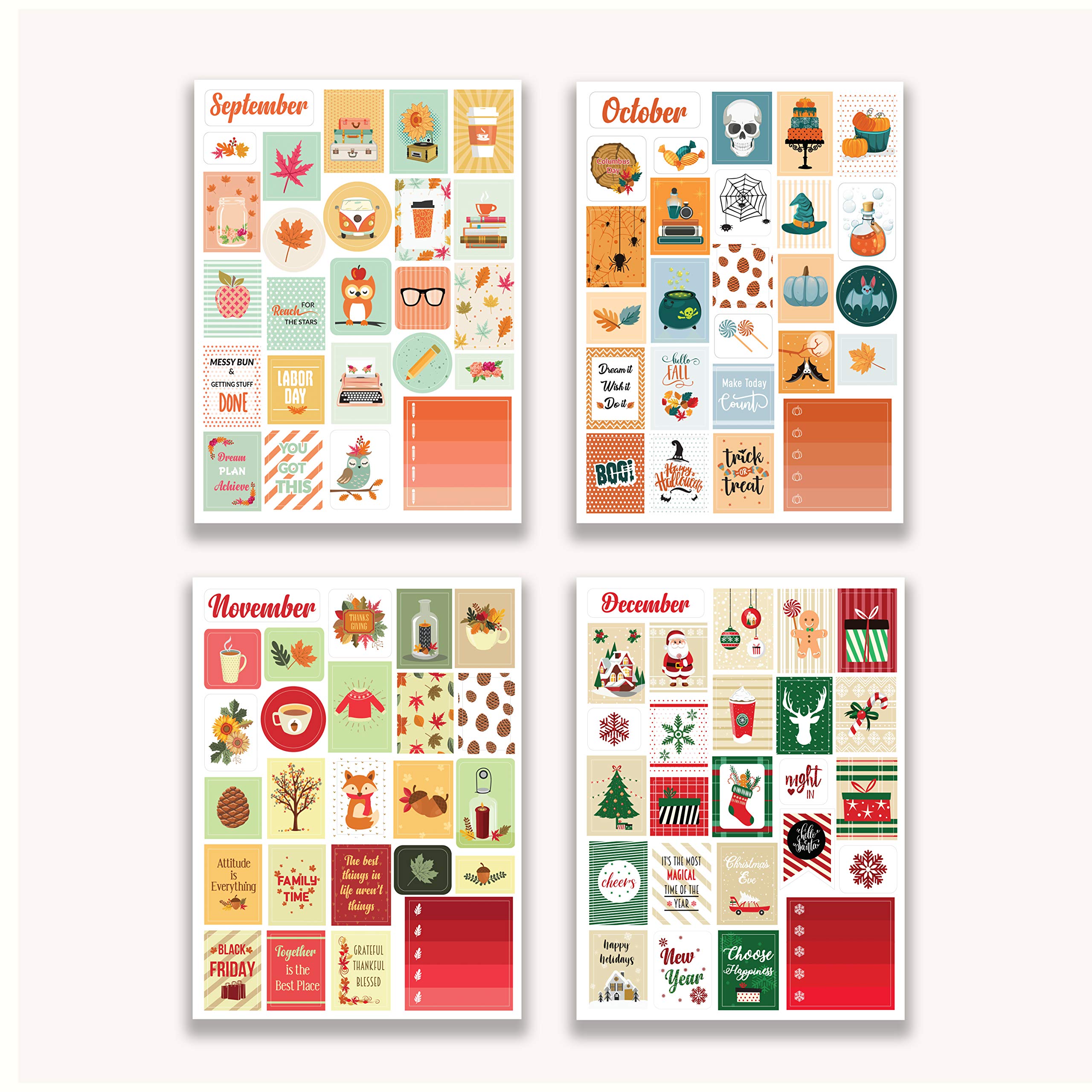 Zestaw dekoracyjnych naklejek do scrapbookingu, zestaw sezonowych / świątecznych, uroczych i estetycznych naklejek dla dorosłych, inspirujące opakowanie 12 arkuszy, do kalendarza, planera, pamiętnika, scrapbookingu