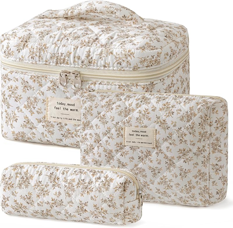 Necessaire de maquiagem acolchoada HBselect com 3 unidades, algodão, estampa floral